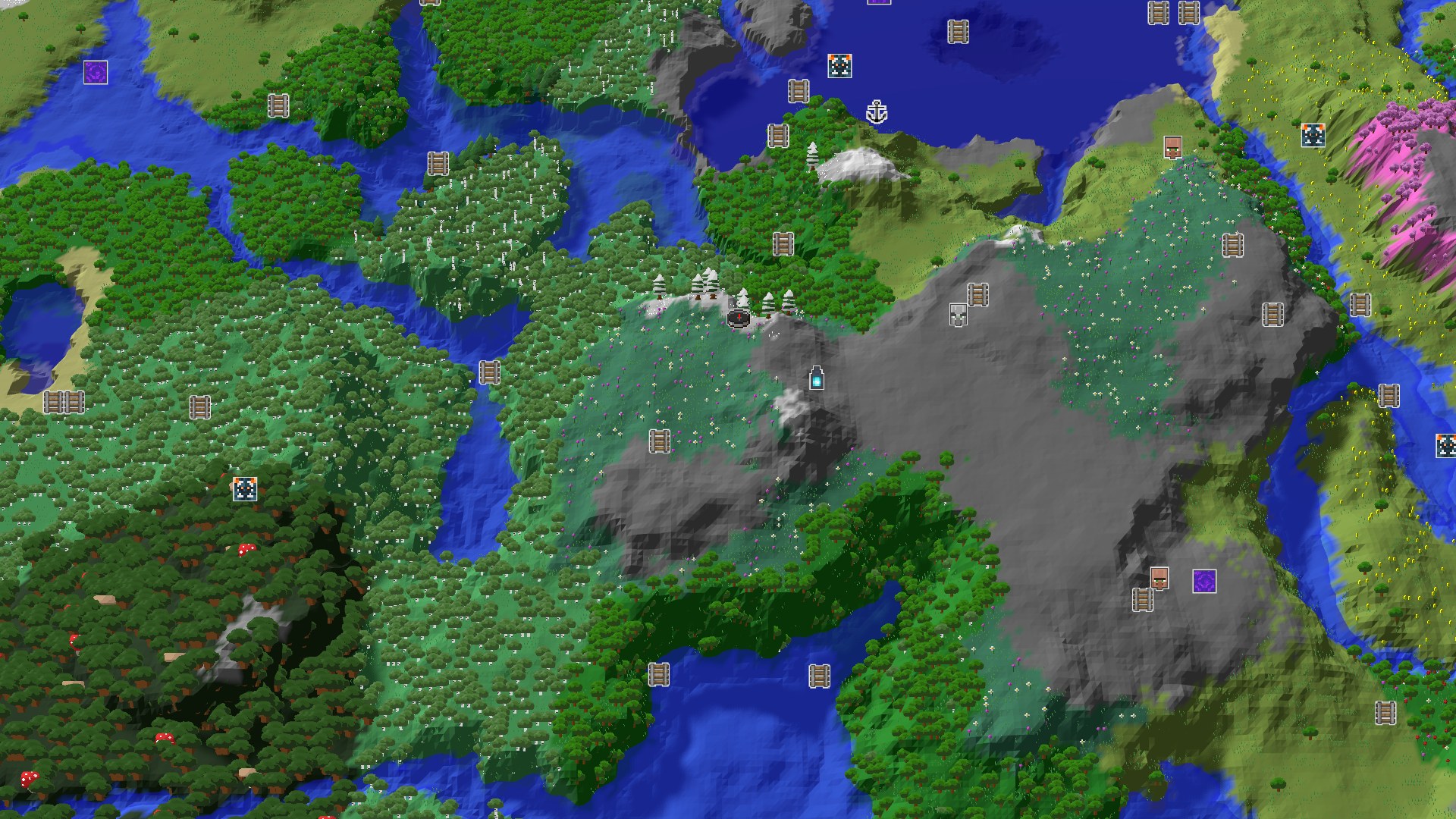 Aerial Minecraft seed map — Ancient City Next to Spawn in a Varied Landscape