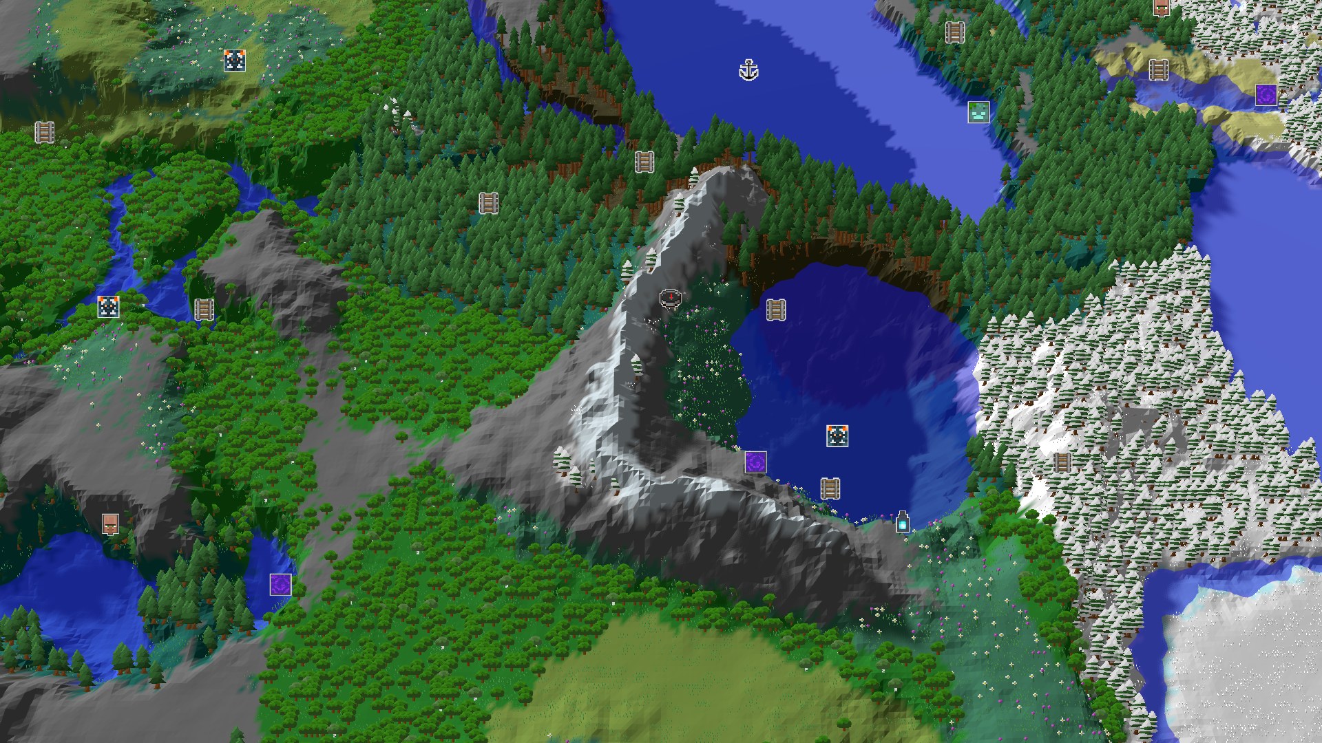 An overhead view of a diverse landscape featuring a prominent snow-capped mountain, a large body of water, and dense forests surrounding a central grassy spawn area.
