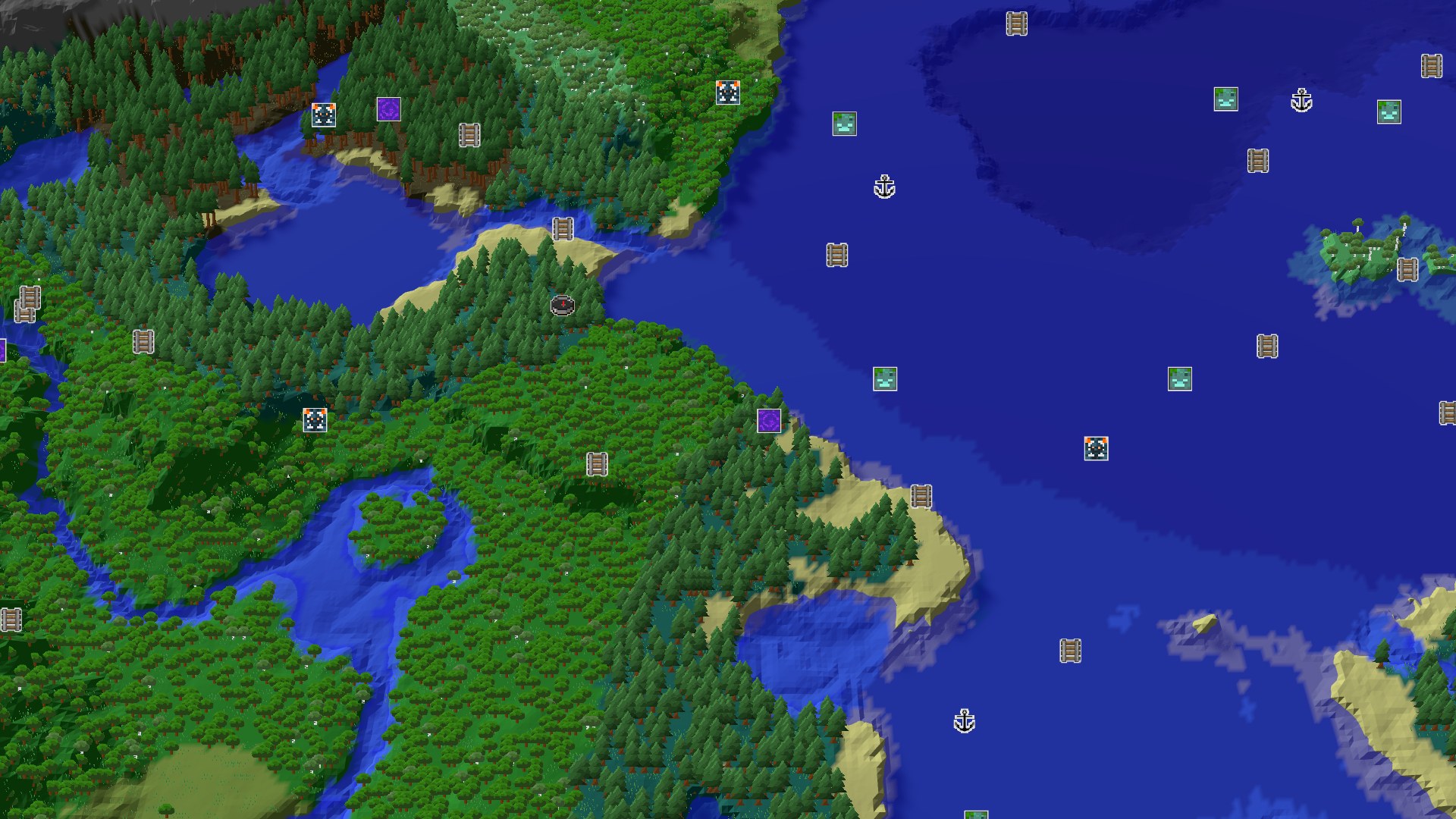 A bird's eye view of a dense taiga forest bordering a large ocean, with several rivers cutting through the land.