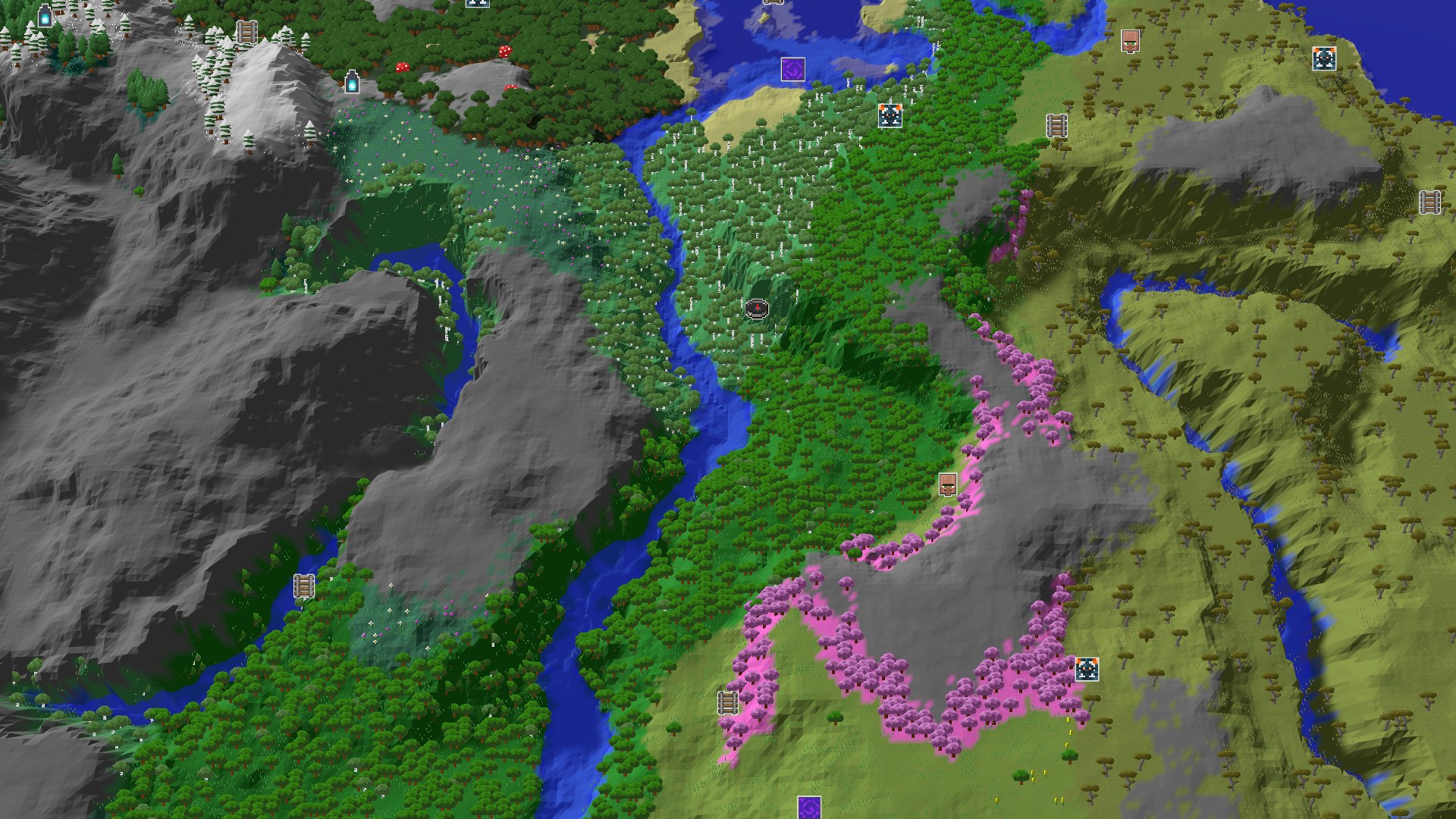 Aerial Minecraft seed map — A Birch Forest Start with Close Amethyst and Cherry Groves