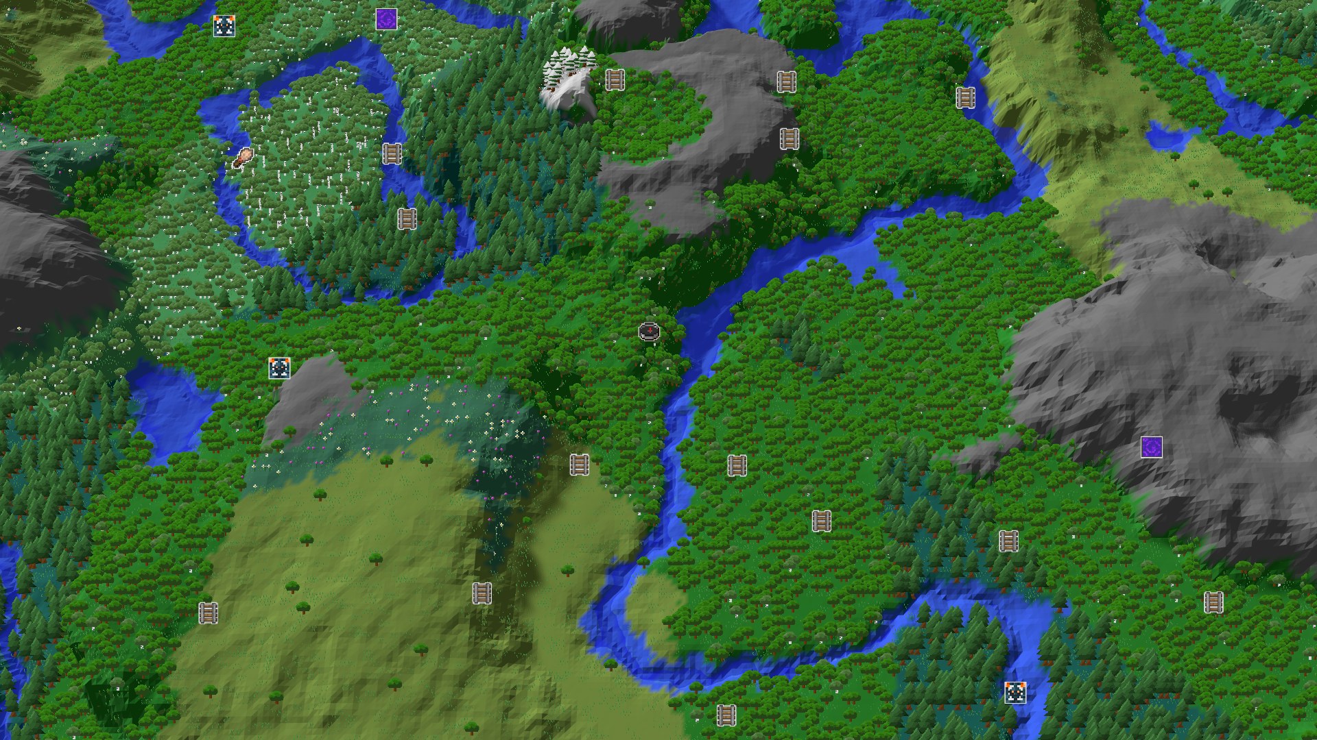 An aerial view of a verdant forest, with a winding river, patches of lighter green plains, and some grey mountainous terrain, all under a clear sky.