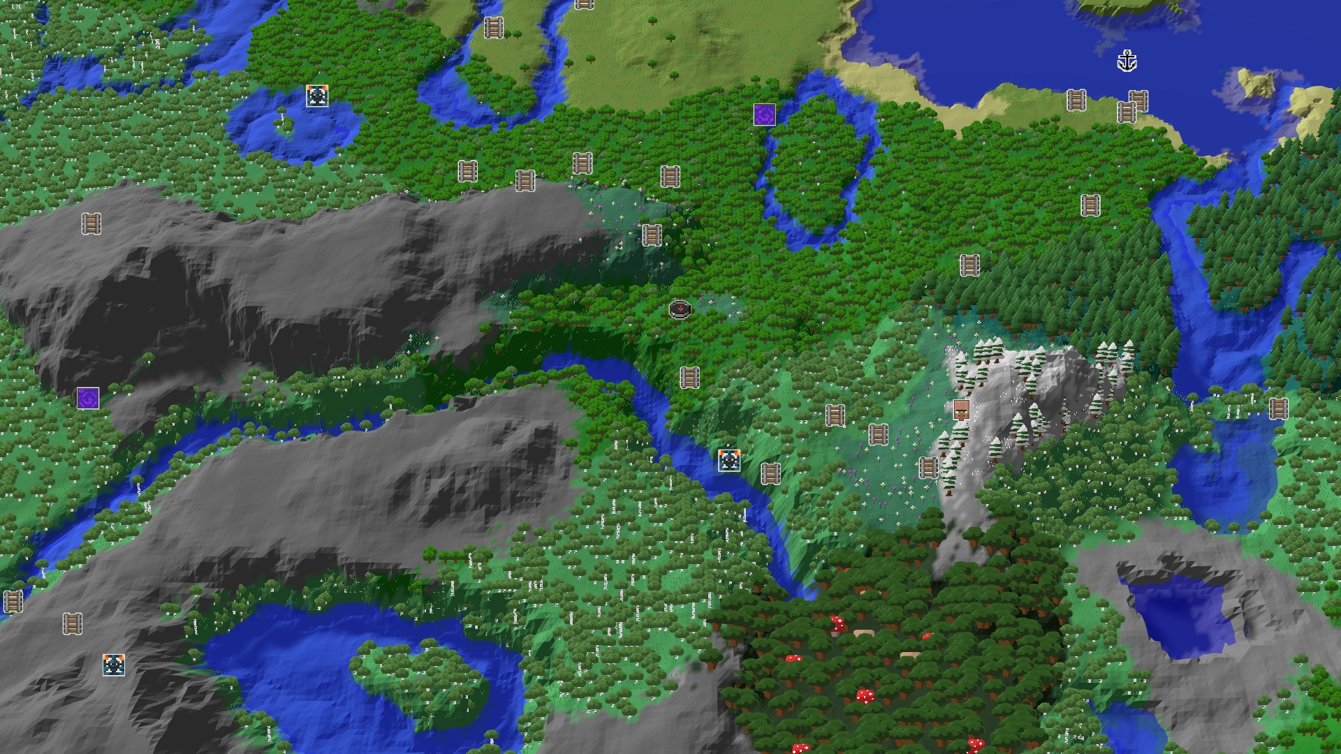 Aerial Minecraft seed map — Forest Spawn with Nearby Geode and Mountain Views