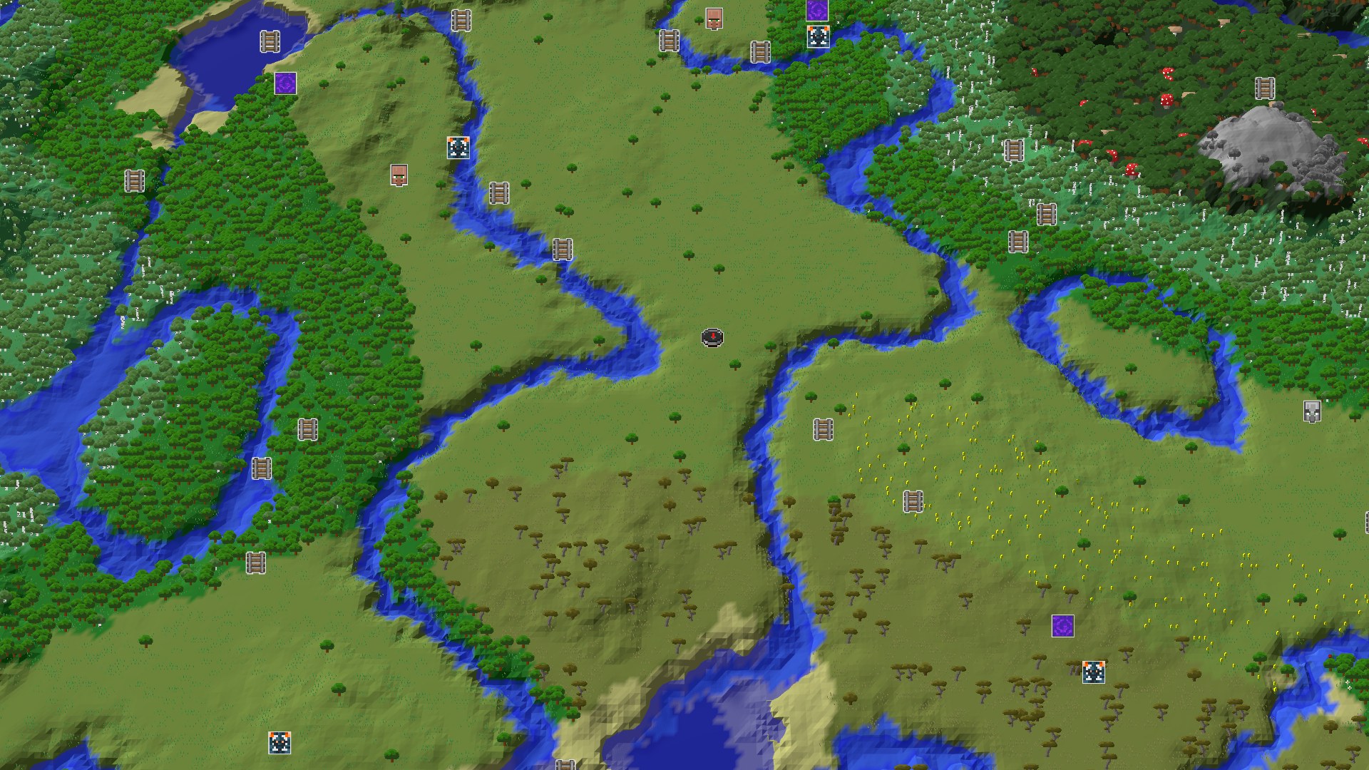 Aerial Minecraft seed map — Plains and Rivers with an Amethyst Geode Nearby