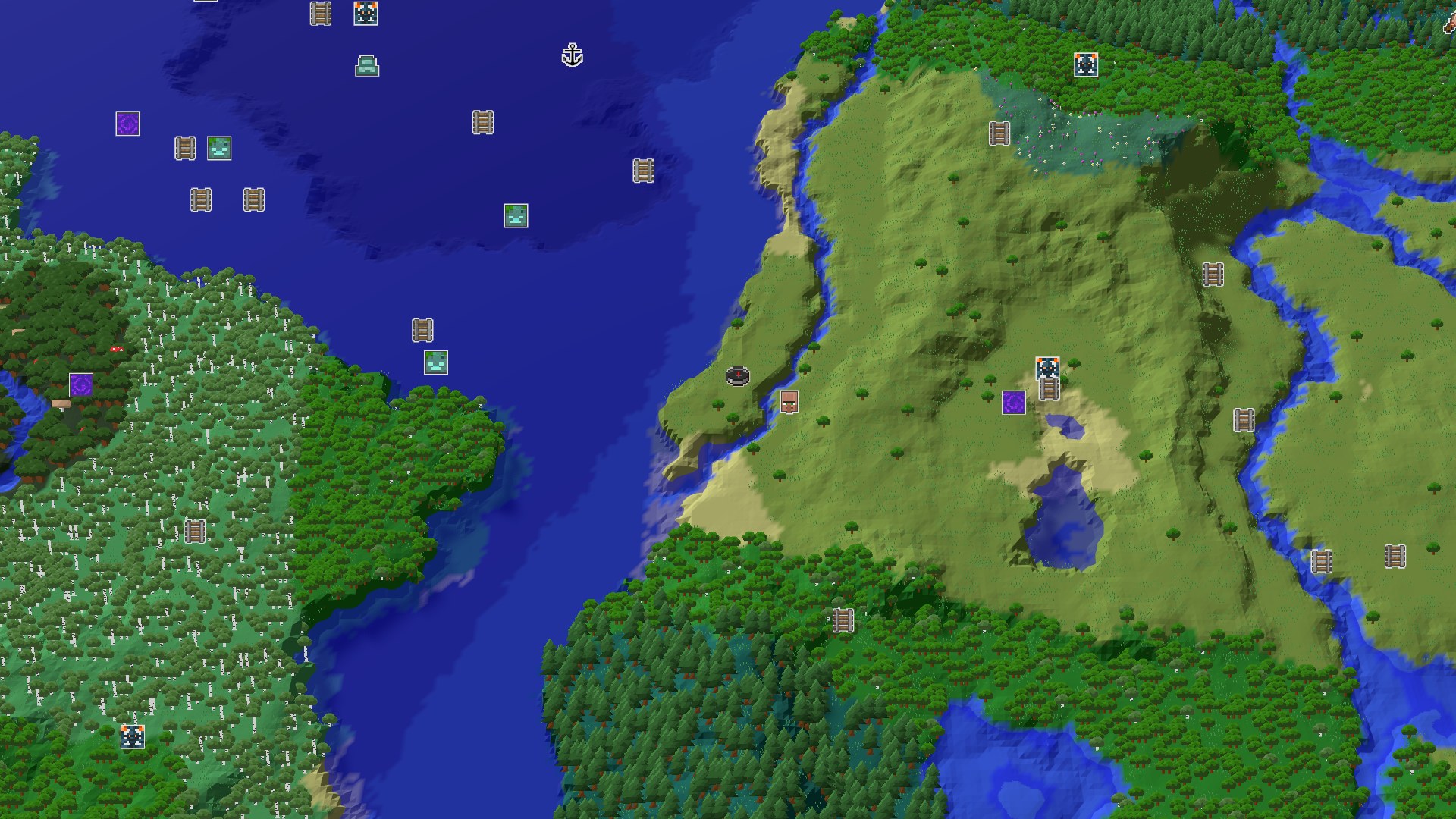 Aerial Minecraft seed map — Spawn with a Village and Amethyst Geode Near the Coast