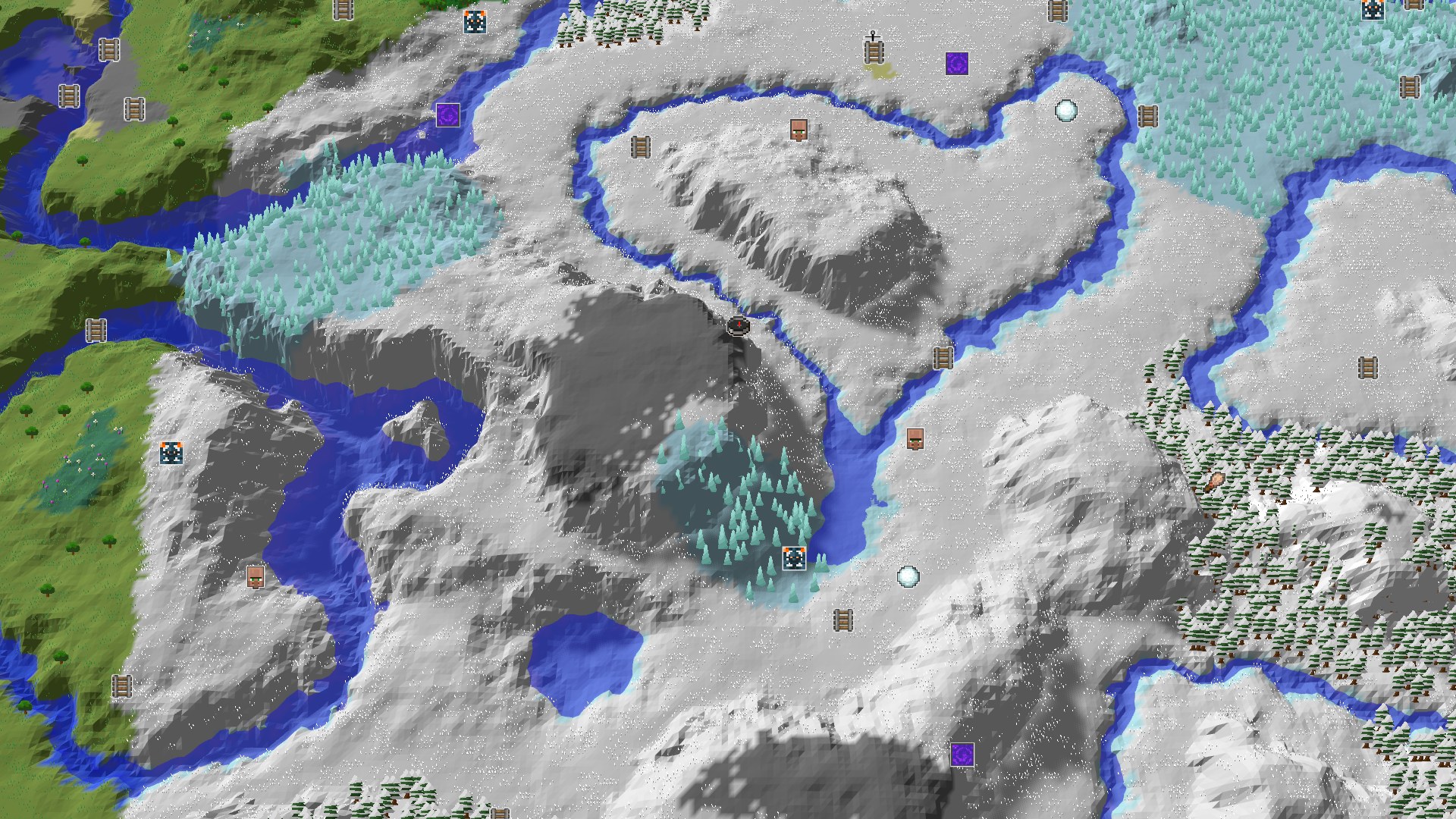 Aerial Minecraft seed map — A Snowy Start with Close Geode and Distant Peaks