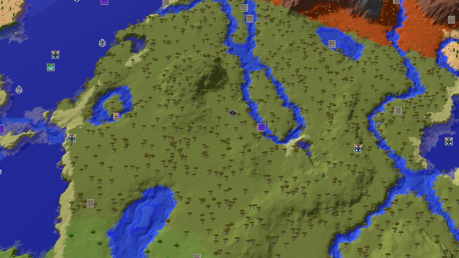 Aerial Minecraft seed map — Savanna Spawn with Quick Geode Access