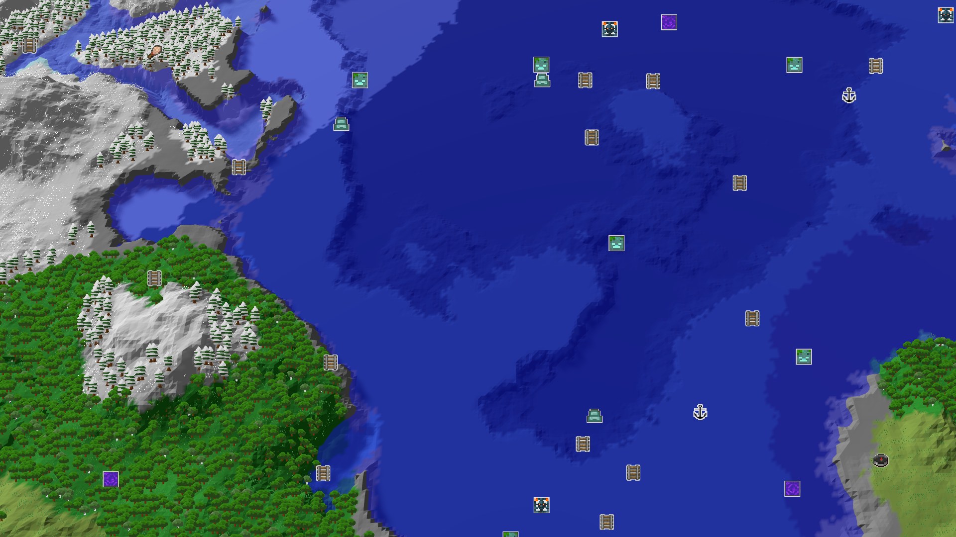 Aerial Minecraft seed map — Ocean Sprawl and Distant Mountains