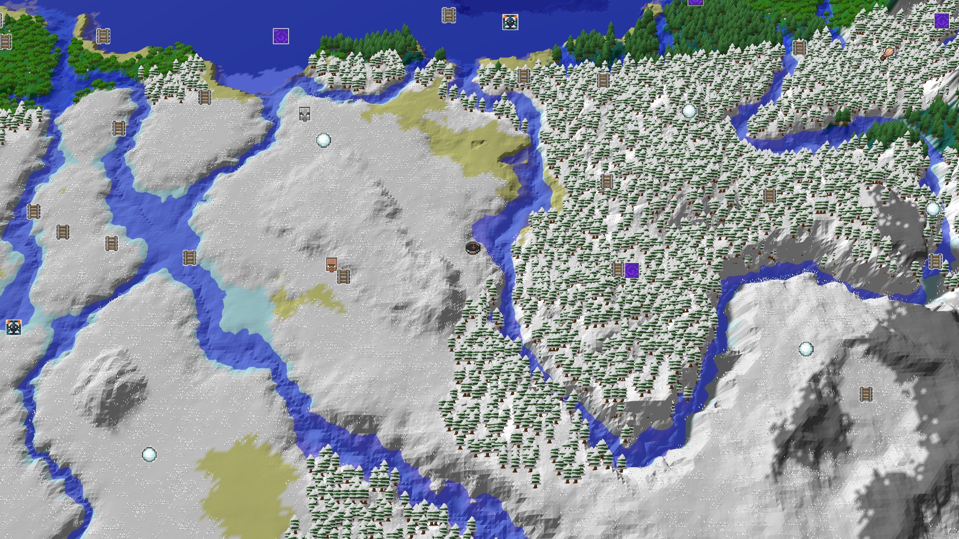 Aerial Minecraft seed map — A Snowy Start with Nearby Amethyst and Village