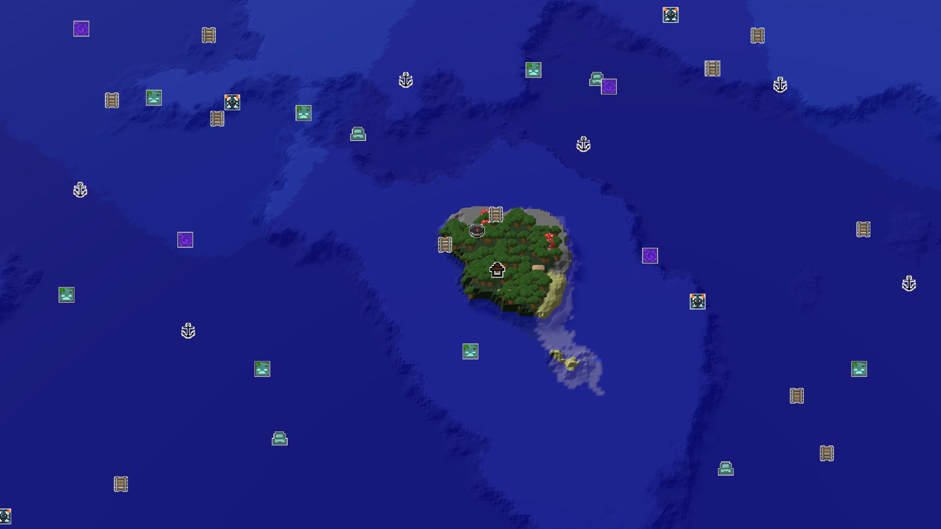 Aerial Minecraft seed map — Island Spawn with Close Mineshaft and Woodland Mansion