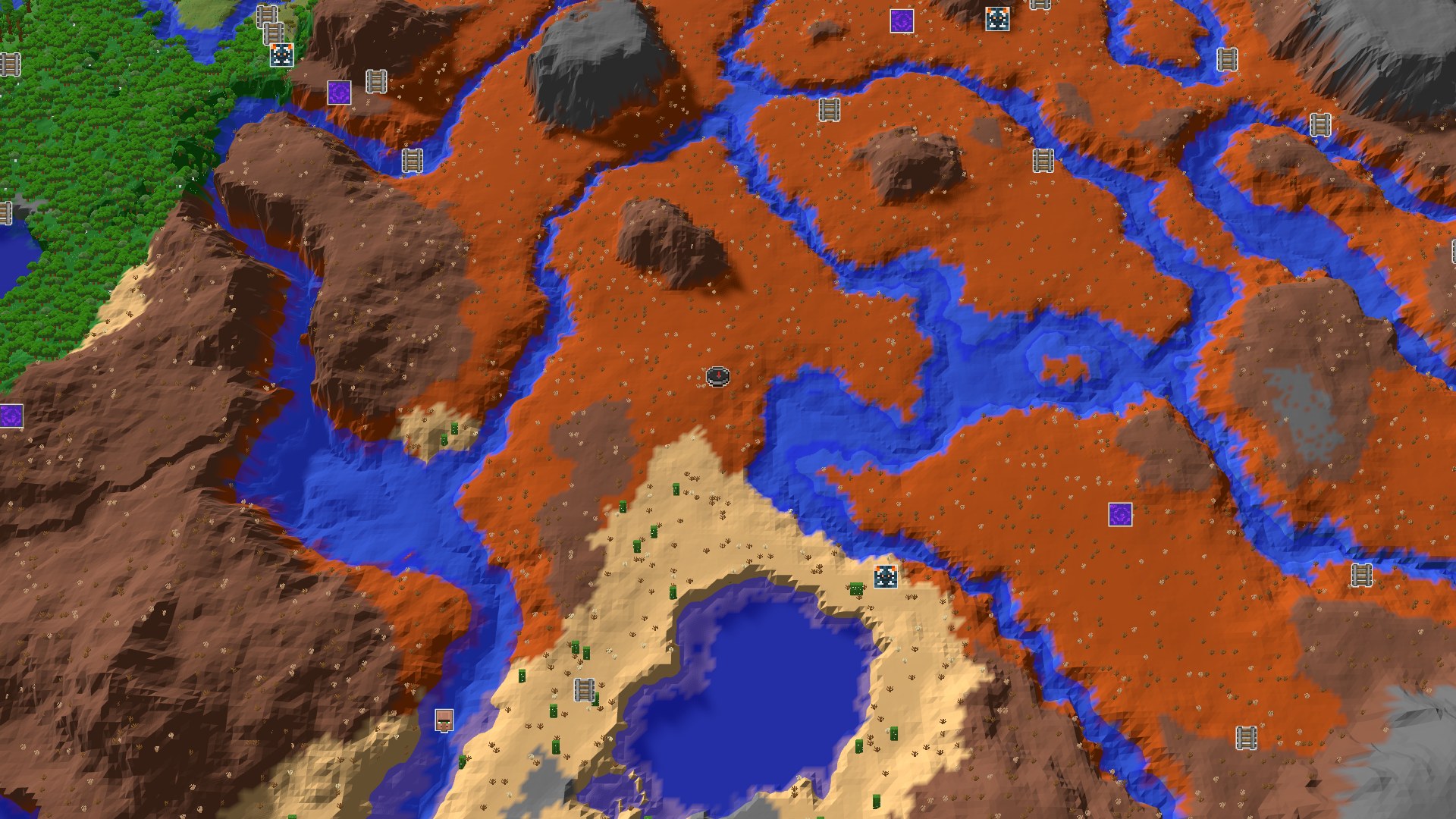 Aerial Minecraft seed map — Badlands Spawn with a Close Amethyst Geode and Varied Biomes