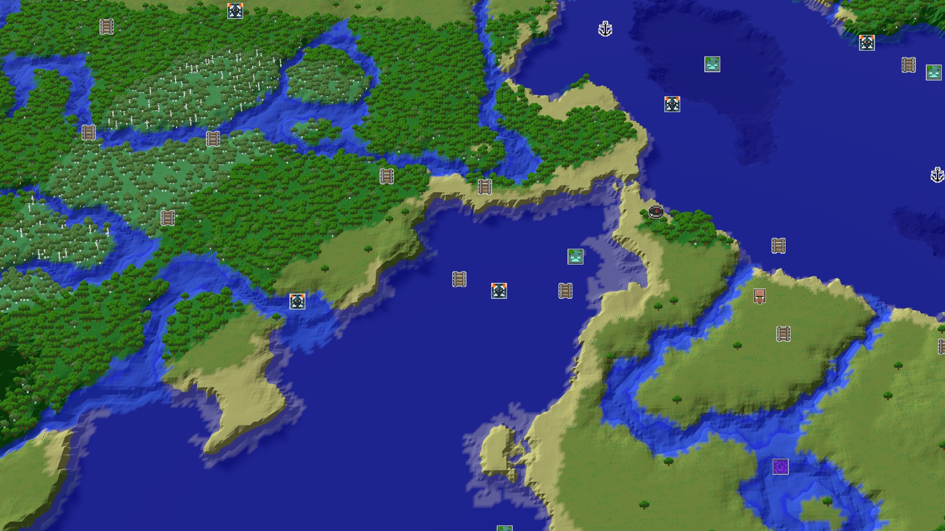 Aerial Minecraft seed map — Forest Spawn with Quick Access to Amethyst and Plains