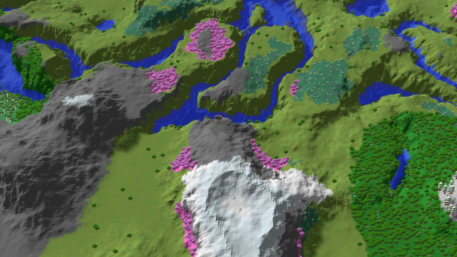 Aerial Minecraft seed map — Spawn in Plains with a nearby Cherry Grove and snowy peaks