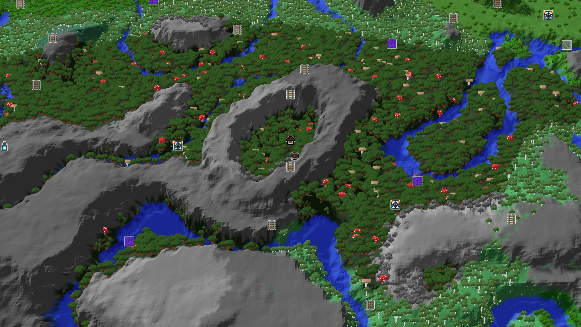Aerial Minecraft seed map — Dark Forest Spawn with a Nearby Mansion and Geode
