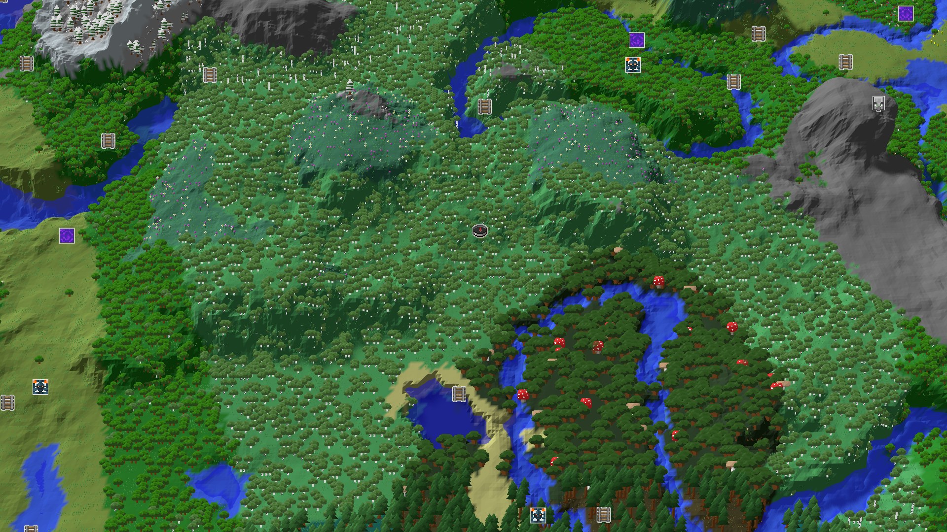 An aerial view of a Minecraft world showing a dense birch forest and other tree types, with a river winding through hills and small lakes. A spawn marker is visible in the center of the birch forest.