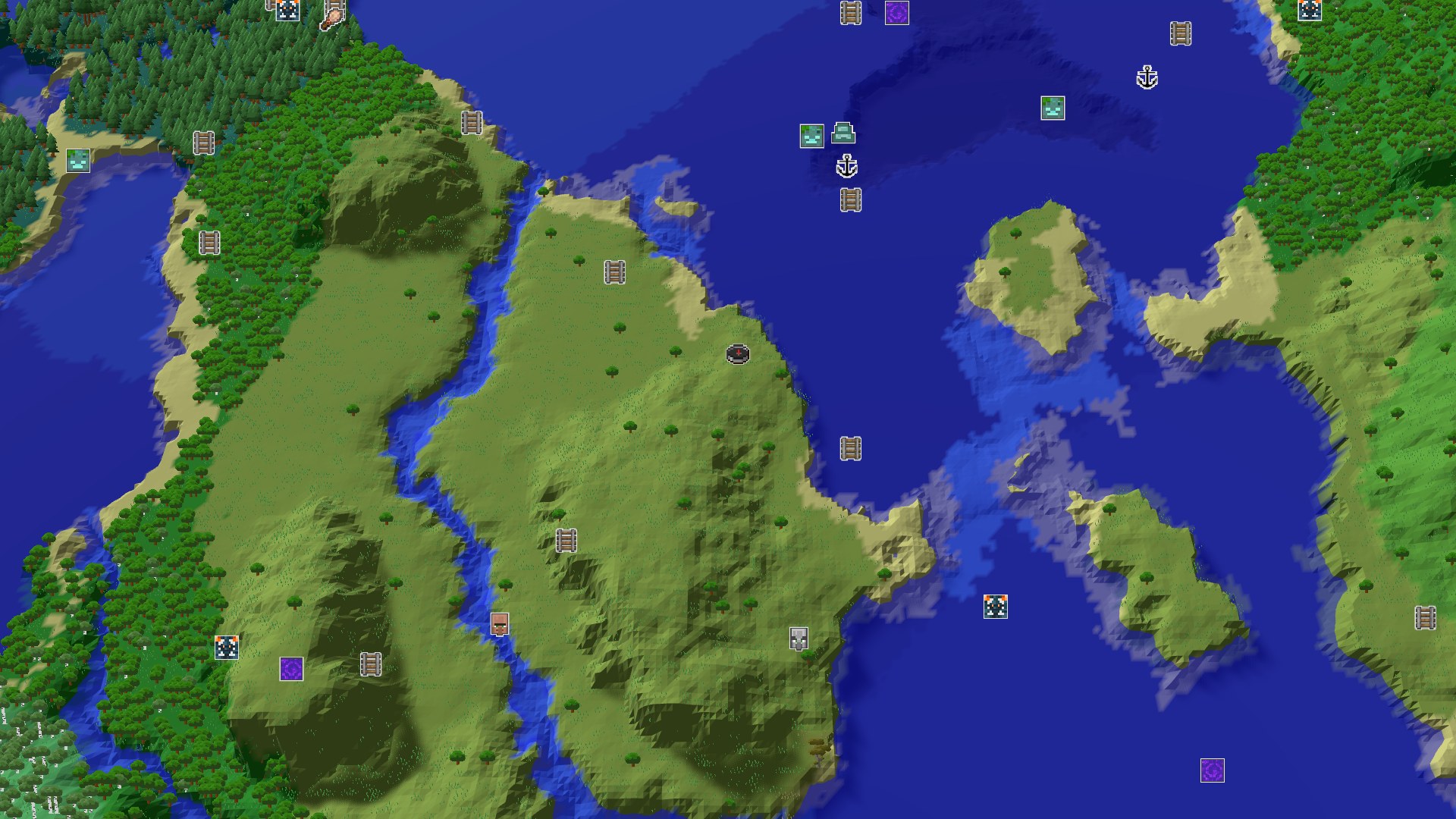 An aerial view of rolling green plains with scattered trees, a river, and a large ocean to the east, featuring several small islands.
