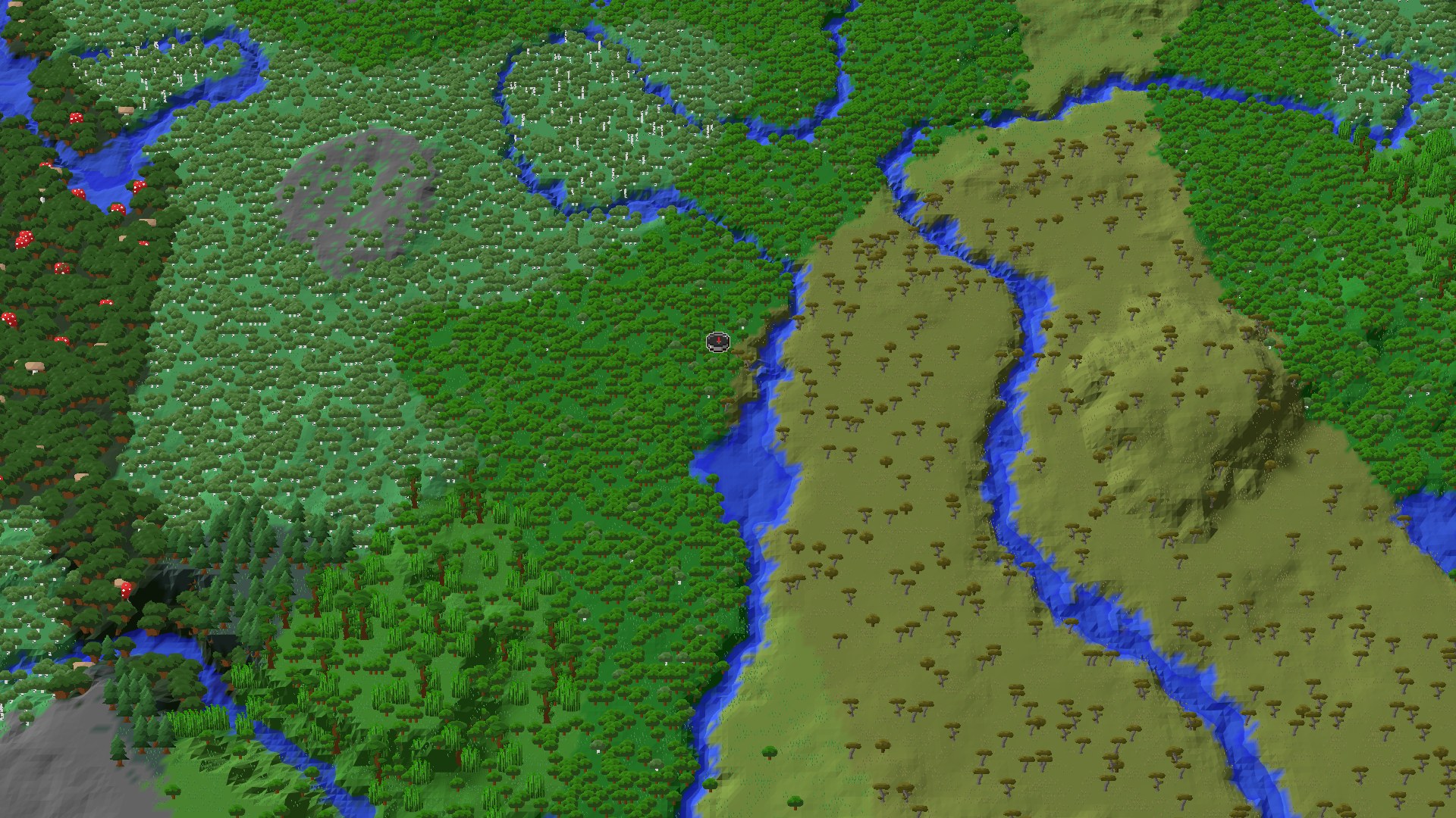 Aerial Minecraft seed map — A Quiet Start with Nearby Underground Treasures