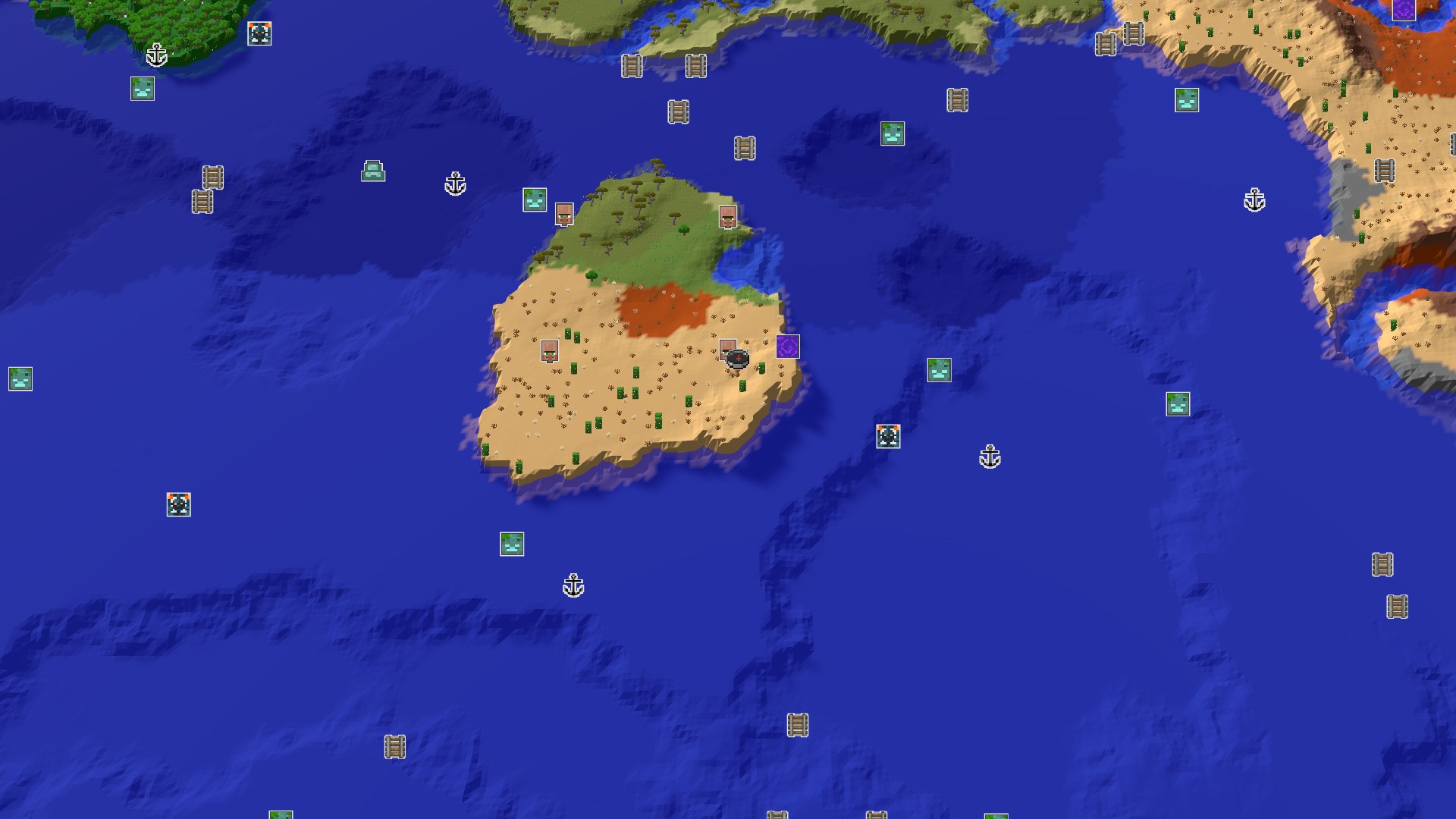 An aerial view of a small desert island surrounded by a vast ocean, with a small patch of badlands and savanna to the north. A spawn marker is visible in the desert.