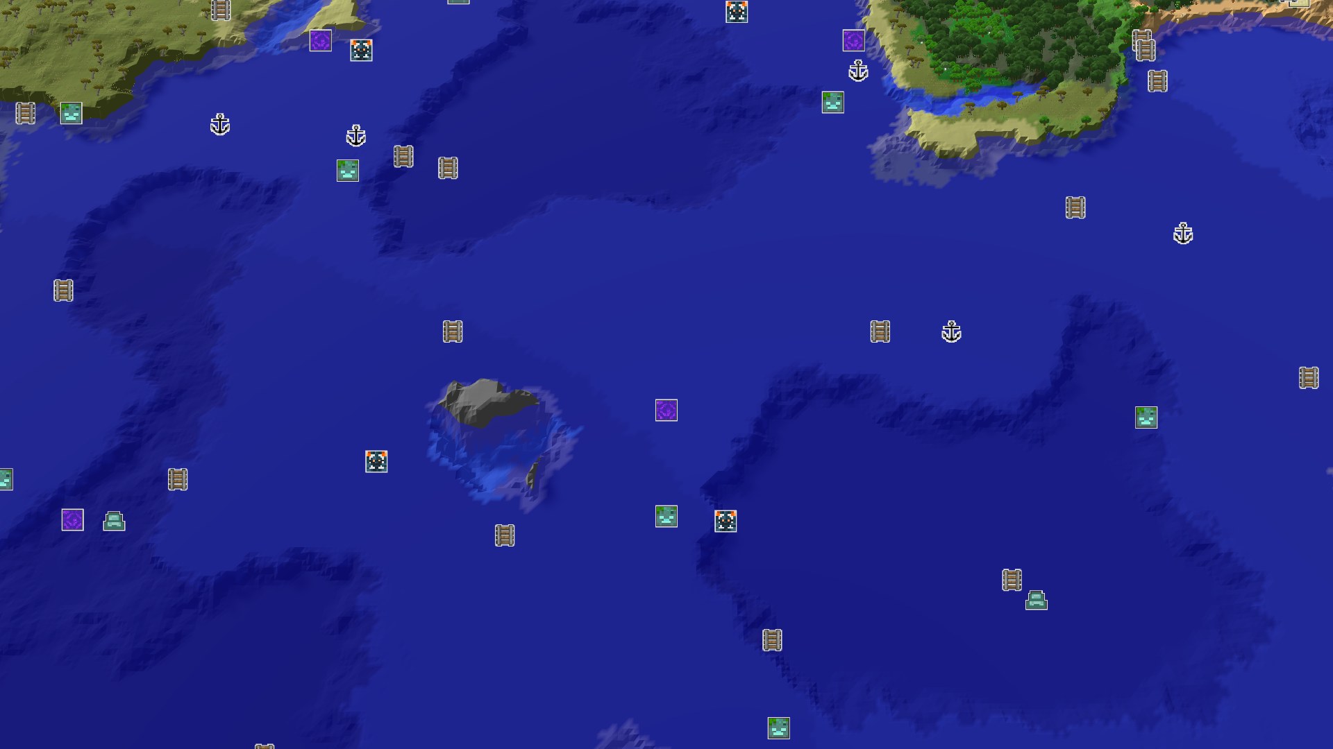 Aerial Minecraft seed map — Spawn in a Flower Forest with an Amethyst Geode Nearby