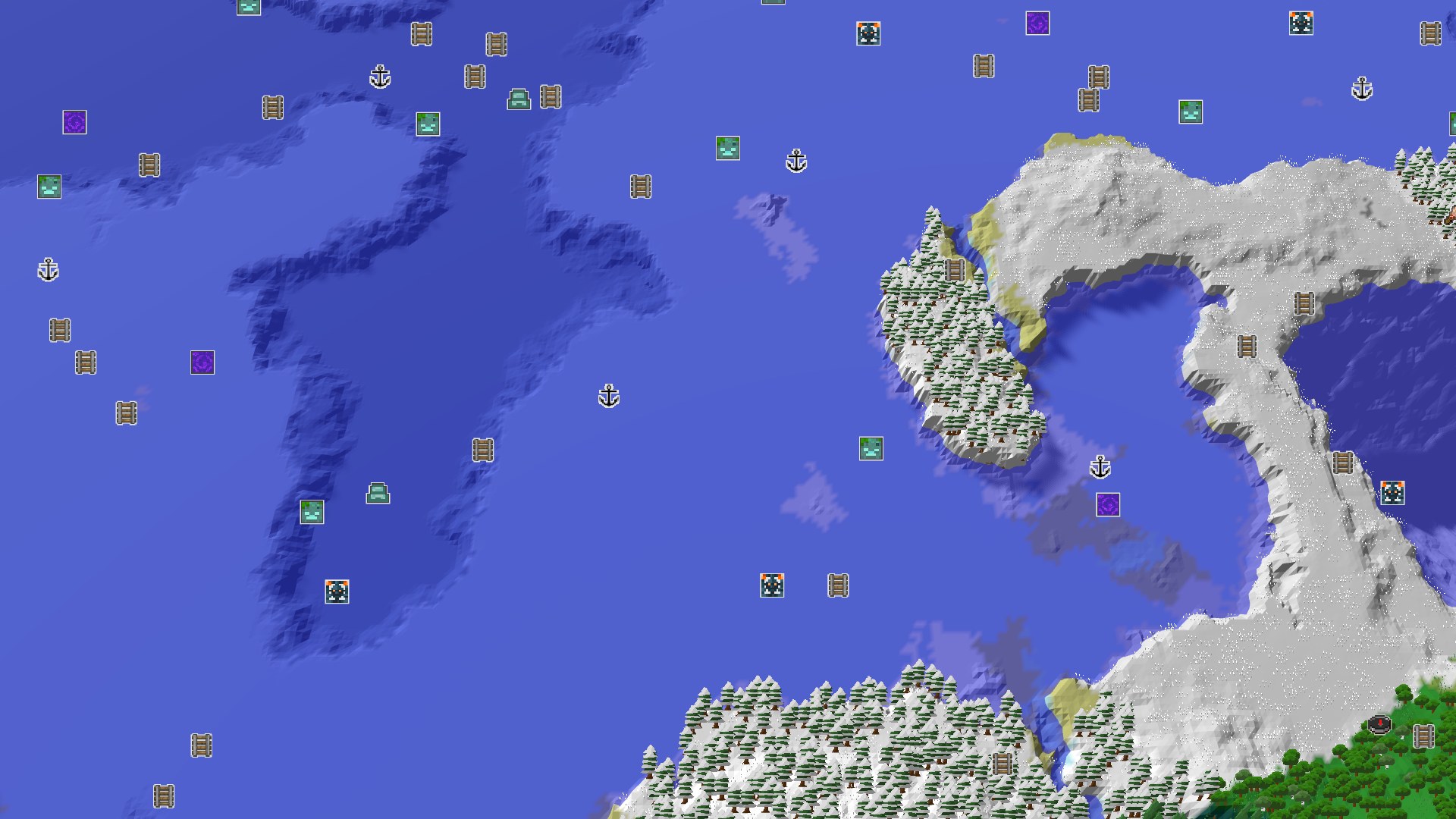 A top-down view of a varied Minecraft landscape. The central area shows a mix of green forests and snowy plains. To the north and south, large bodies of deep blue frozen ocean are visible, with some ice formations. A snowy, mountainous peninsula juts into the ocean from the east. Scattered trees cover the landmasses, with a few lighter patches indicating beaches or warmer biomes along the coastlines. A small red marker indicates the spawn point in the green forest.