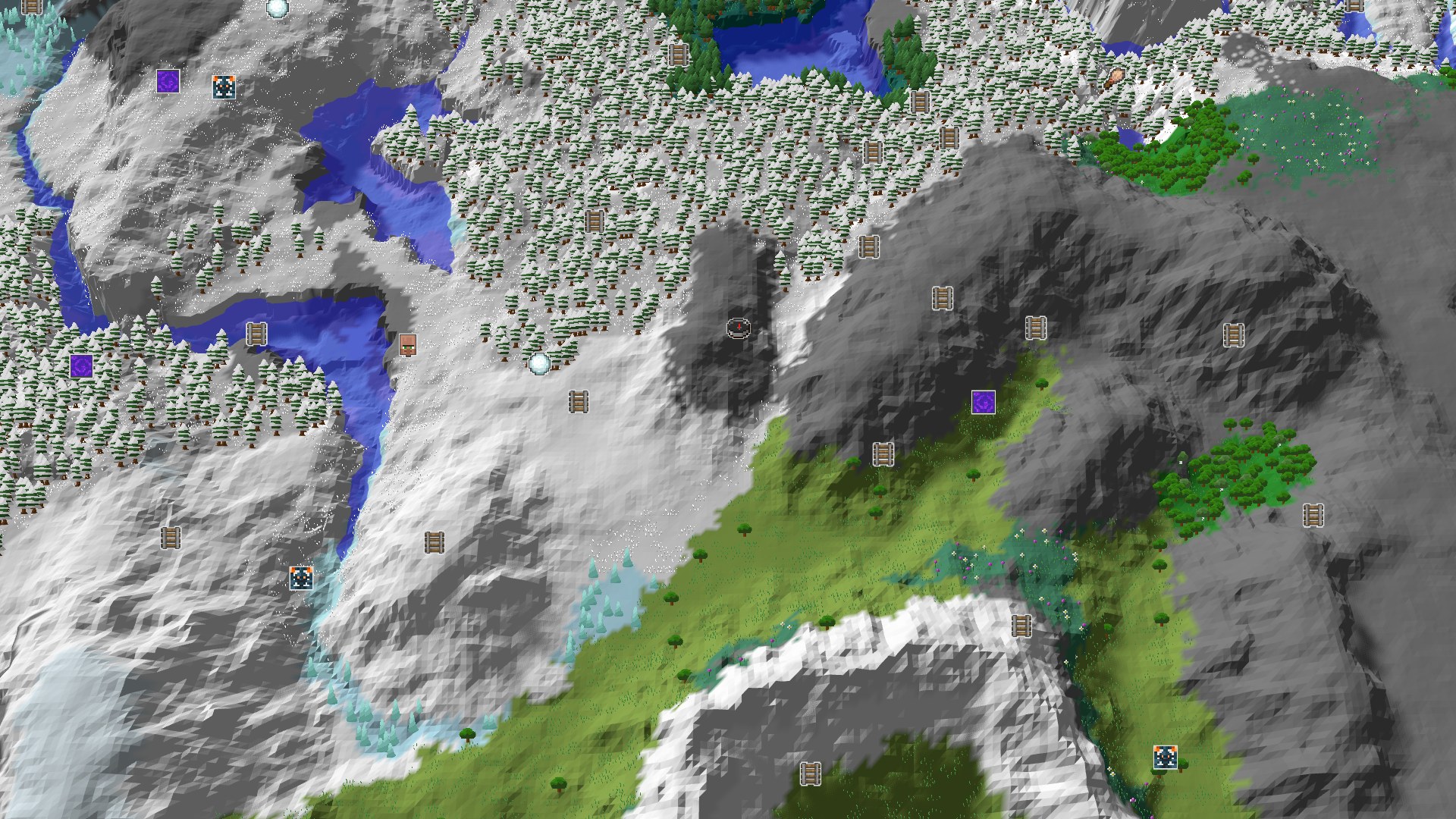 Aerial Minecraft seed map — Snowy Slopes Spawn with a Nearby Geode and Mountain Range