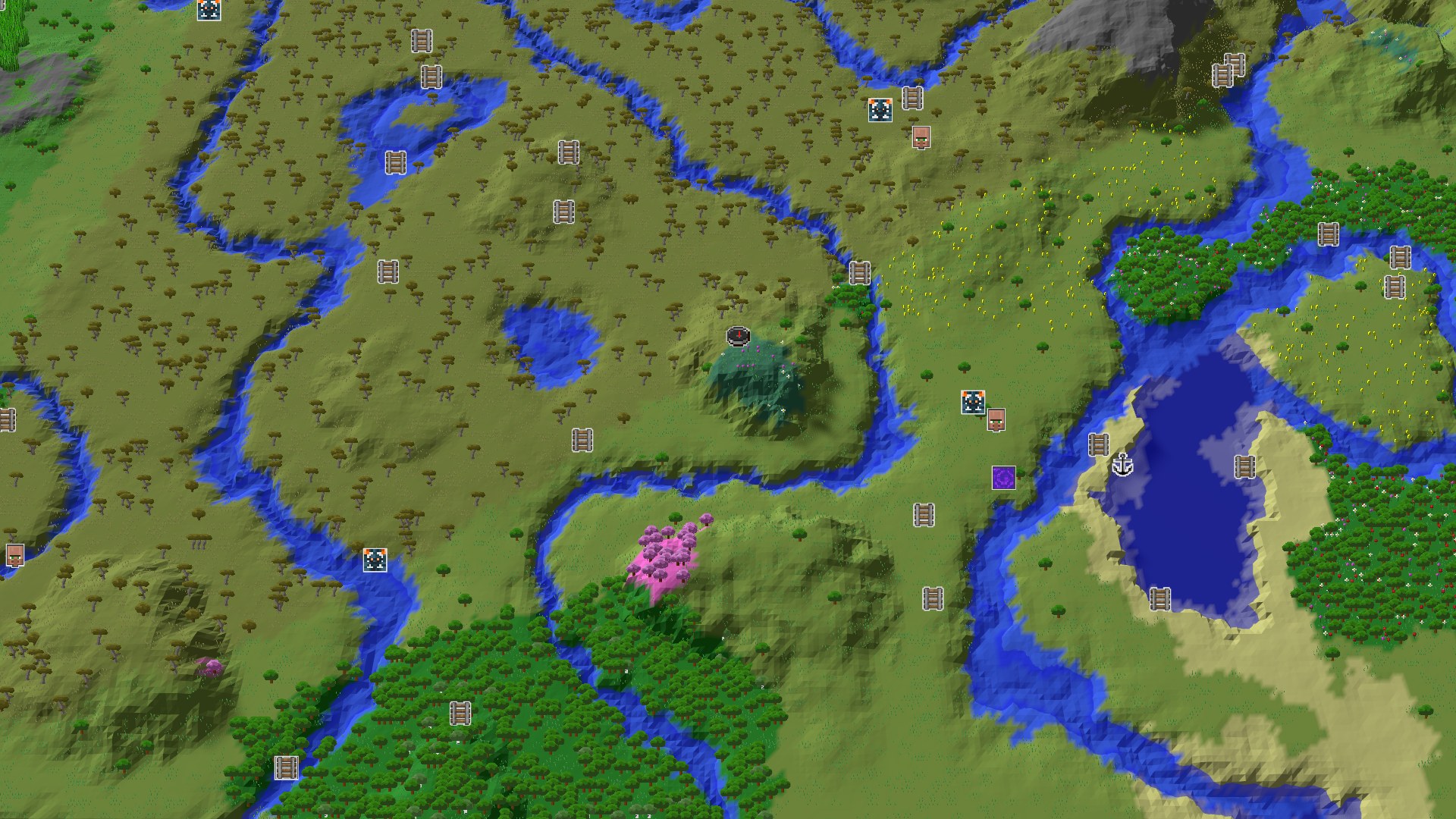 Aerial Minecraft seed map — A Cherry Grove and Geode Near a Pleasant Spawn