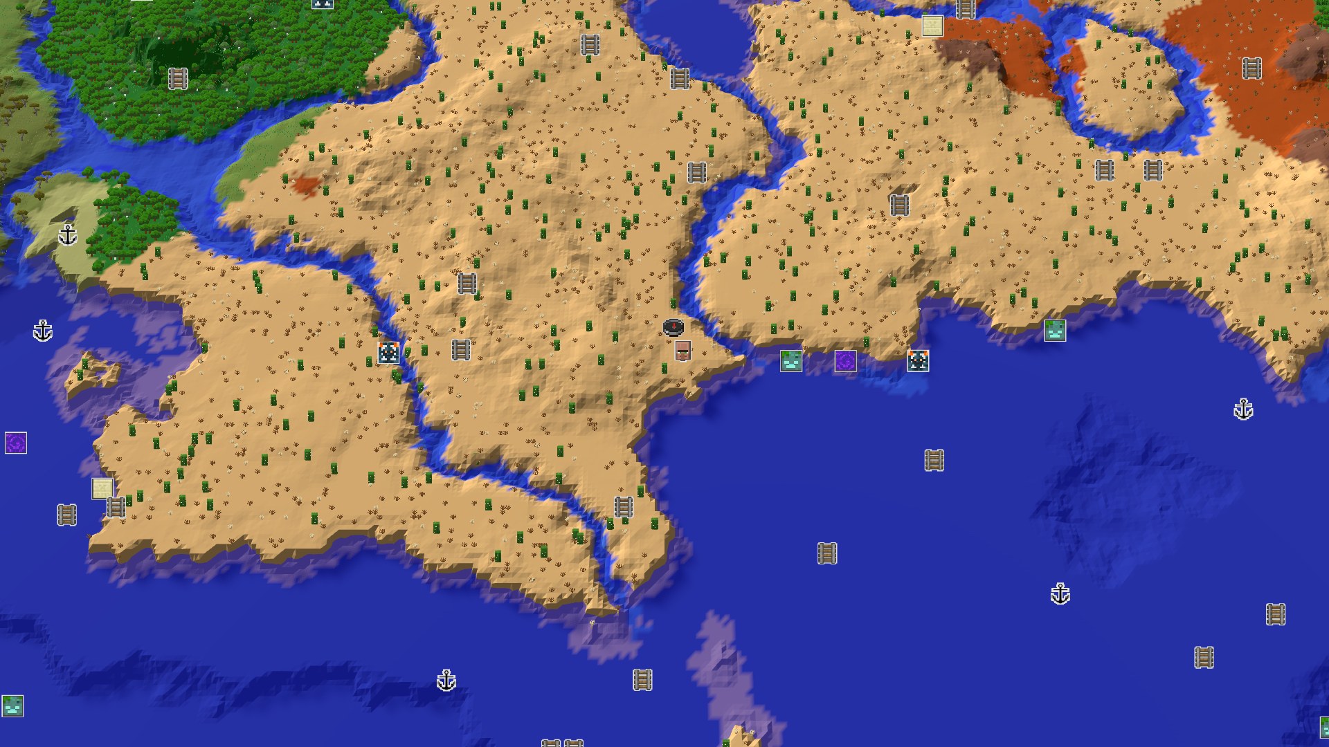 Aerial Minecraft seed map — Desert Start with a Nearby Village and Ocean