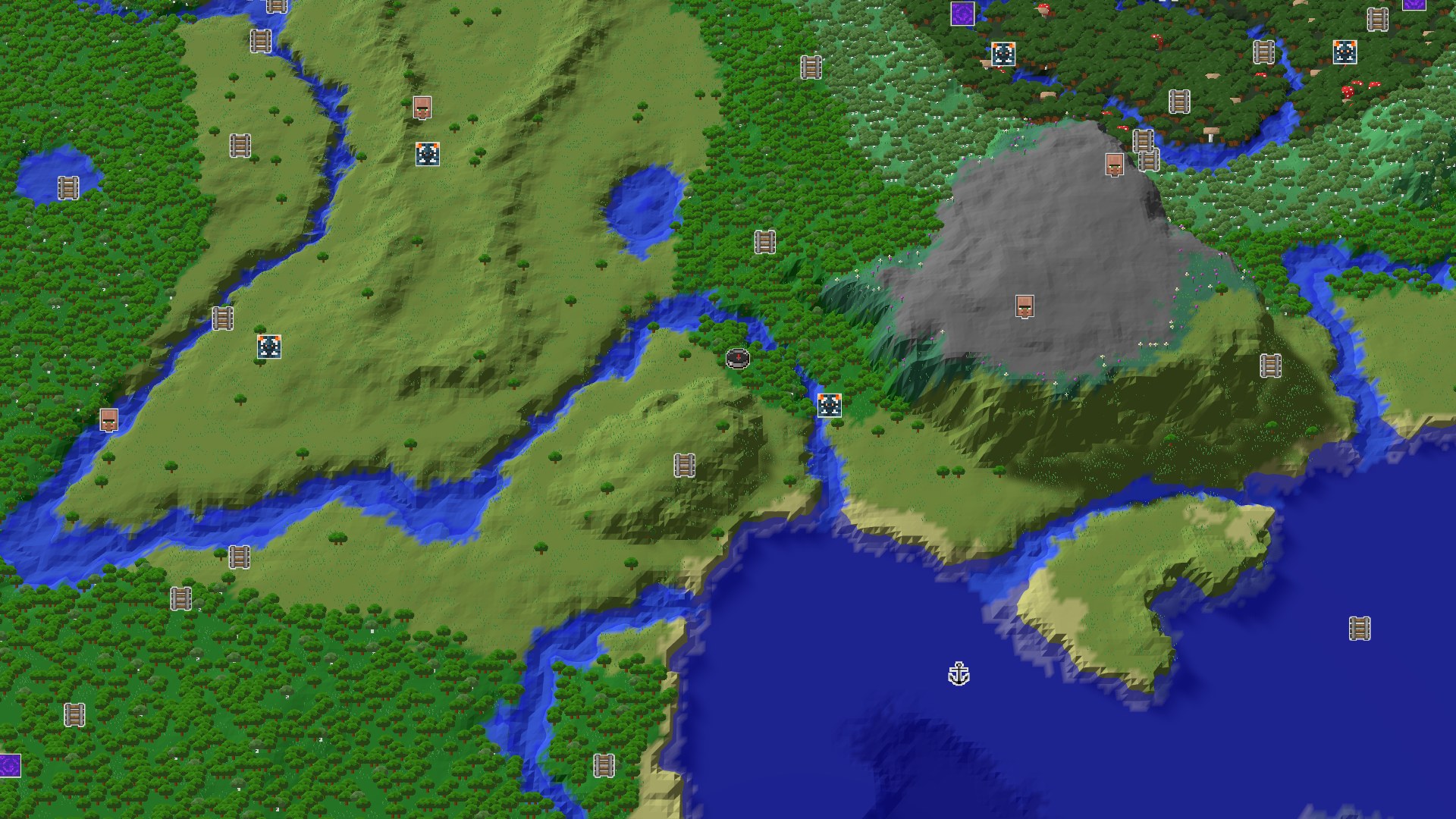 Aerial Minecraft seed map — Forest Spawn with Early Amethyst and Trial Chambers