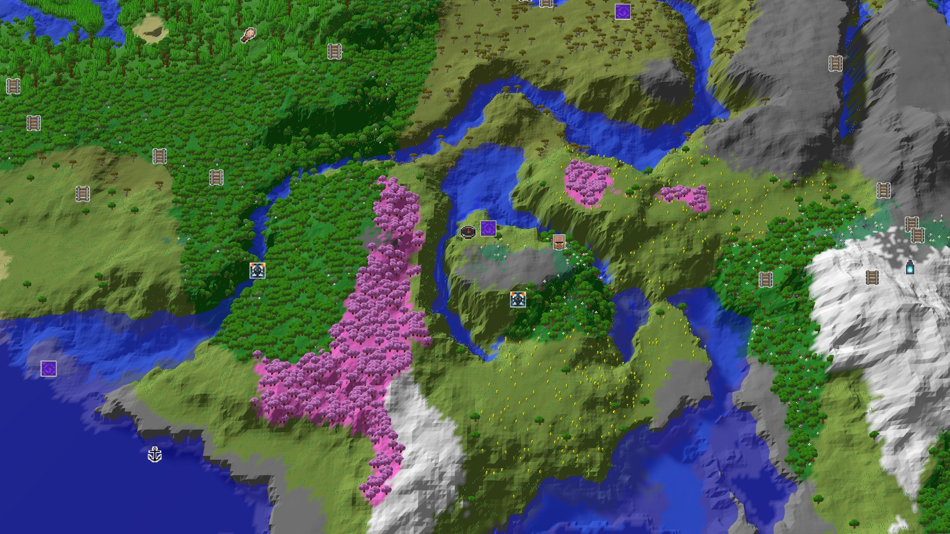 Aerial Minecraft seed map — A Cherry Grove and Snowy Slopes Starter Seed
