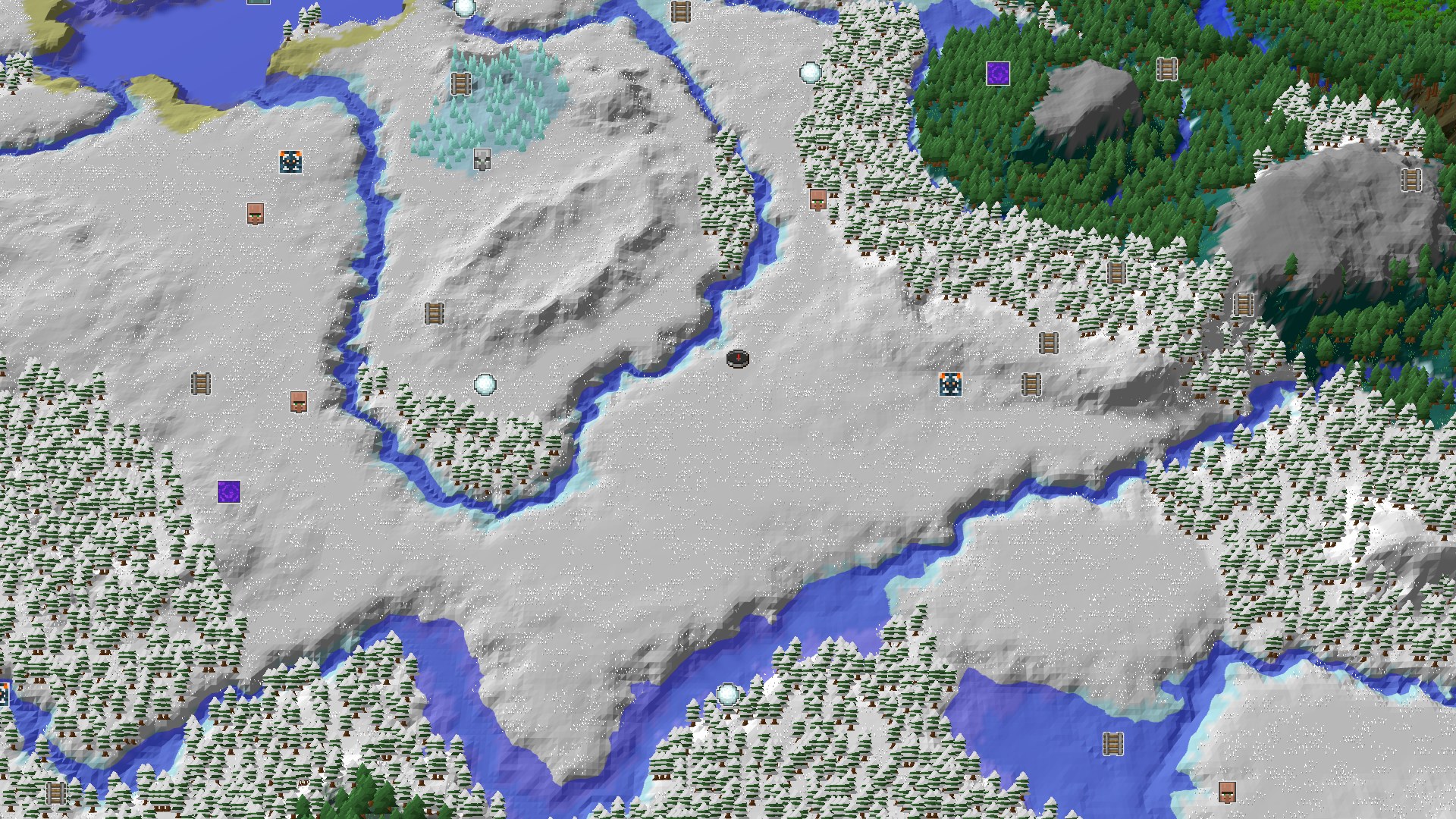 A bird's eye view of a snow-covered landscape with scattered spruce trees, frozen rivers, and a large body of water to the north. A small marker indicates the spawn point in the center of a snowy plain.