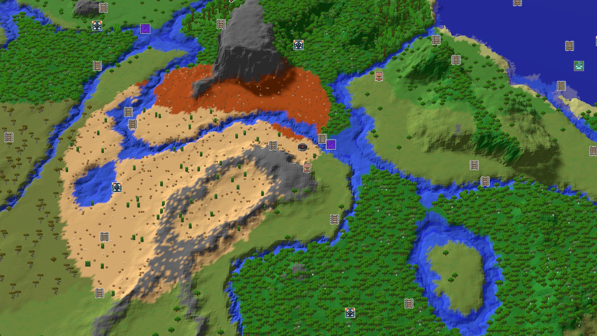 Aerial Minecraft seed map — Desert Start with Quick Village and Ruined Portal Access