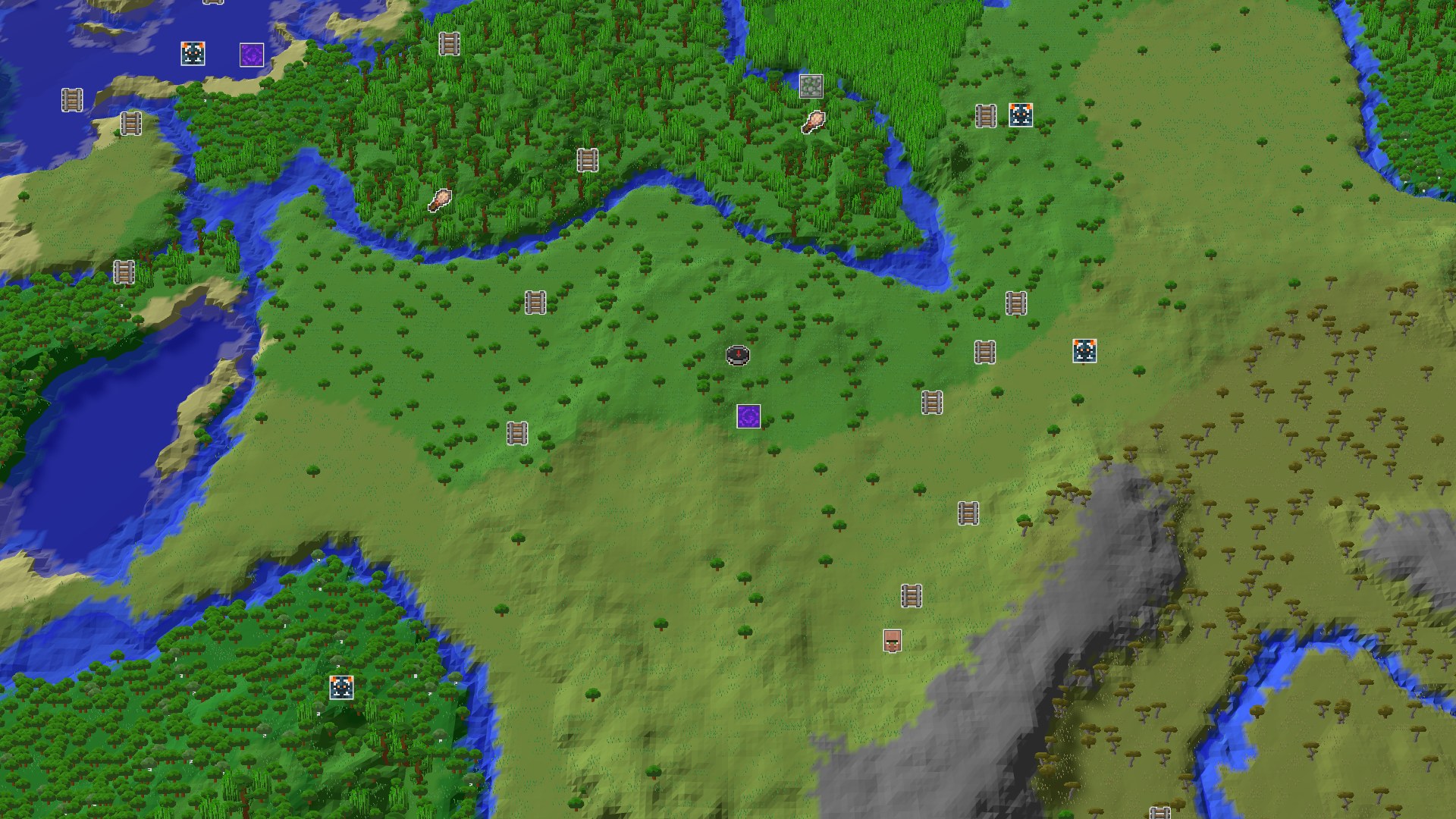 Aerial Minecraft seed map — Sparse Jungle Spawn with Nearby Village and Trial Chambers