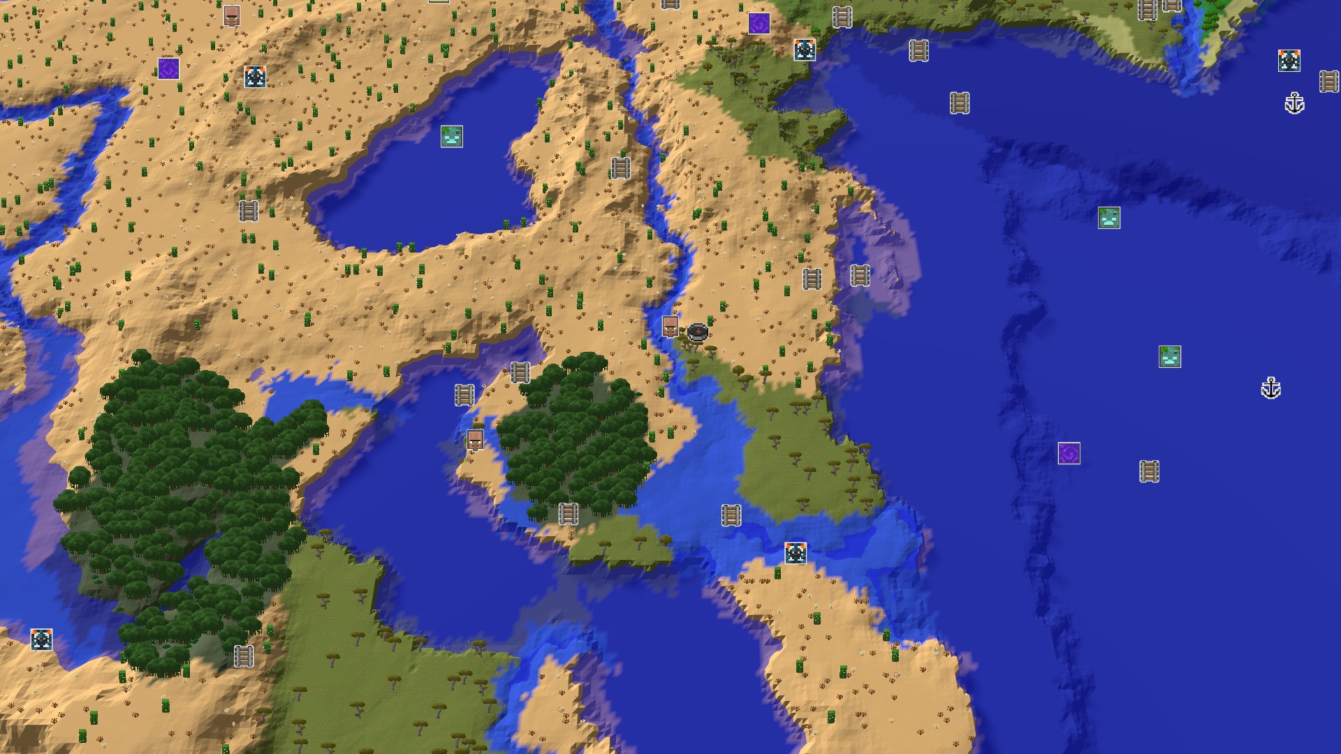 Aerial Minecraft seed map — A Desert Start with a Nearby Village and Geode