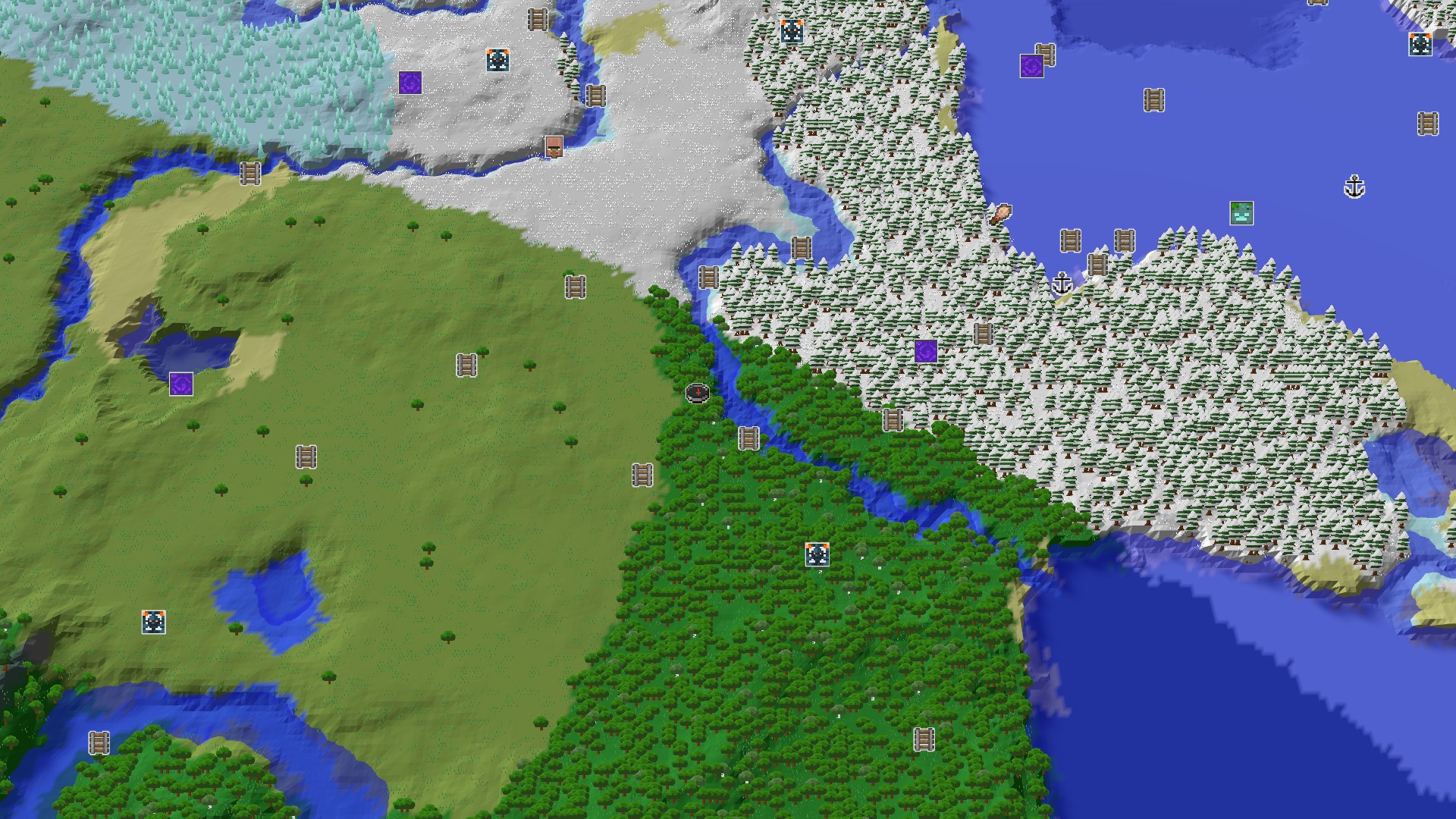 Aerial Minecraft seed map — A Cold Start: Mineshaft and Geode Near Forest Spawn