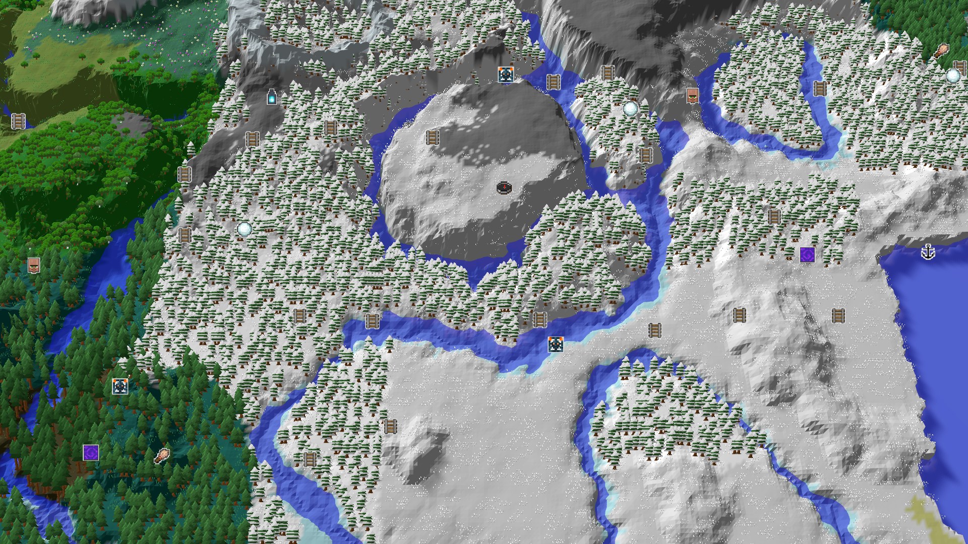 An overhead view of a snow-covered landscape with a central spawn point, surrounded by snowy plains, frozen rivers, and a distant forest.
