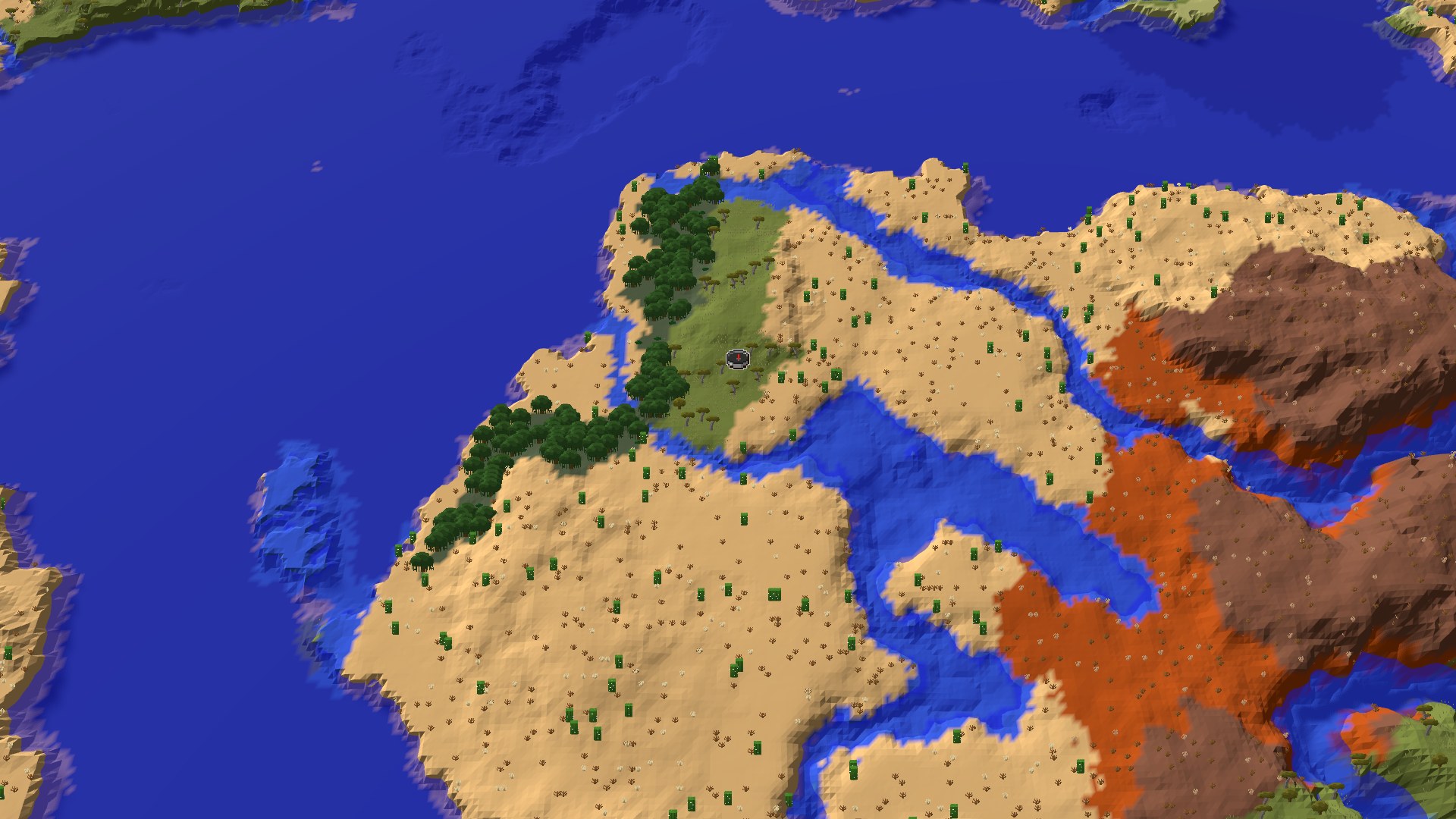 Aerial Minecraft seed map — A Desert Start With Nearby Badlands and a Village