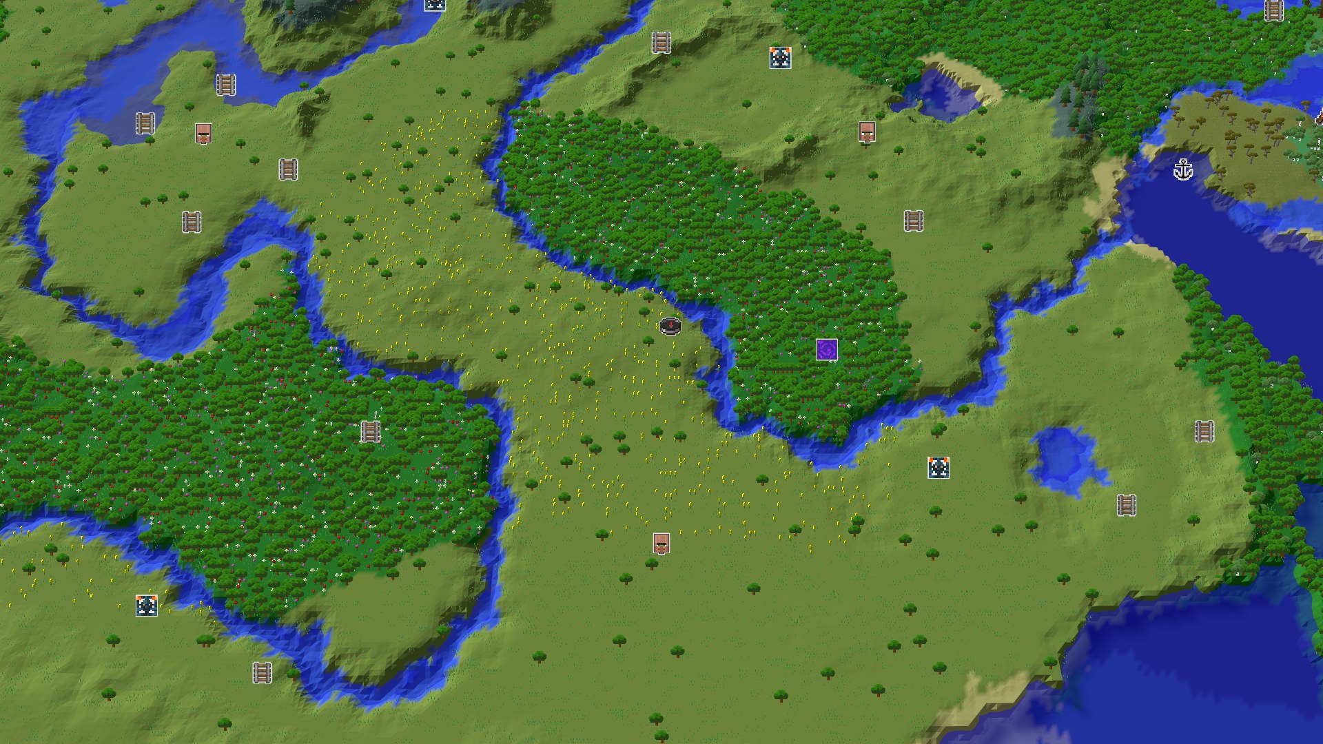 Aerial Minecraft seed map — A Sunflower Plains Start with Nearby Amethyst
