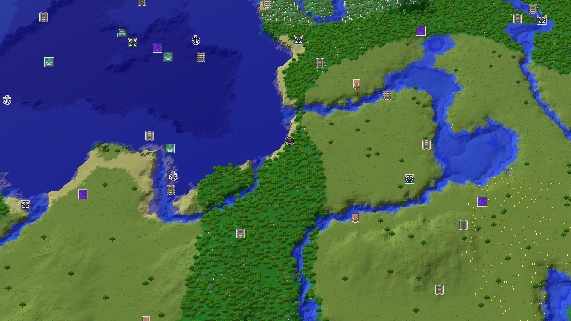 Aerial Minecraft seed map — Forest Spawn with Nearby Geode and Coastal Access