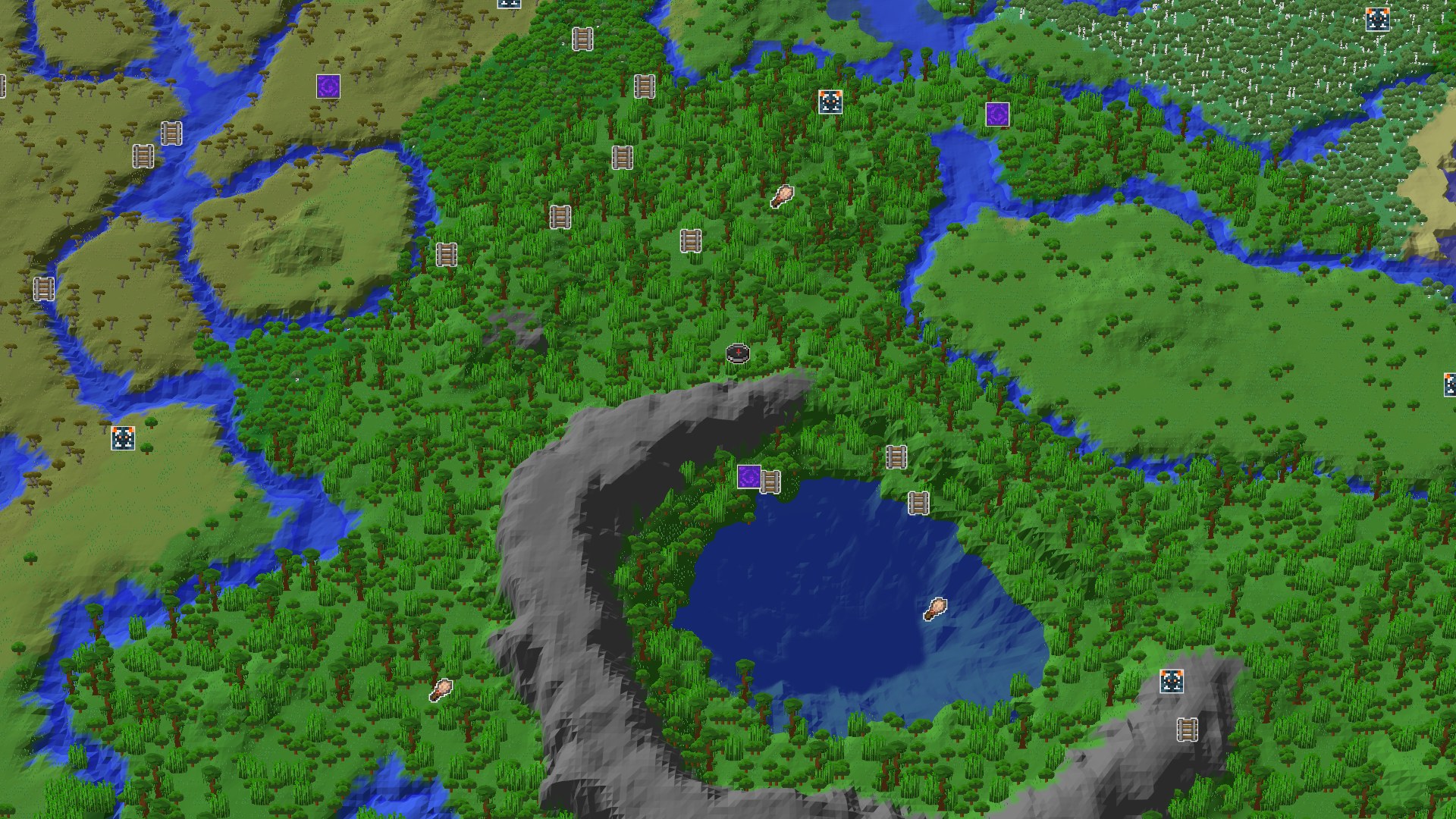A bird's-eye view of a dense jungle surrounding a large, deep crater-like lake with steep gray rock walls. A small spawn marker is visible in the center of the jungle.