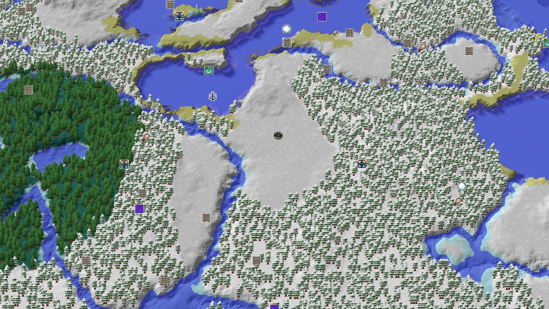 A bird's eye view of a snowy landscape with a large forest and icy rivers, centered on a flat snowy plains area.