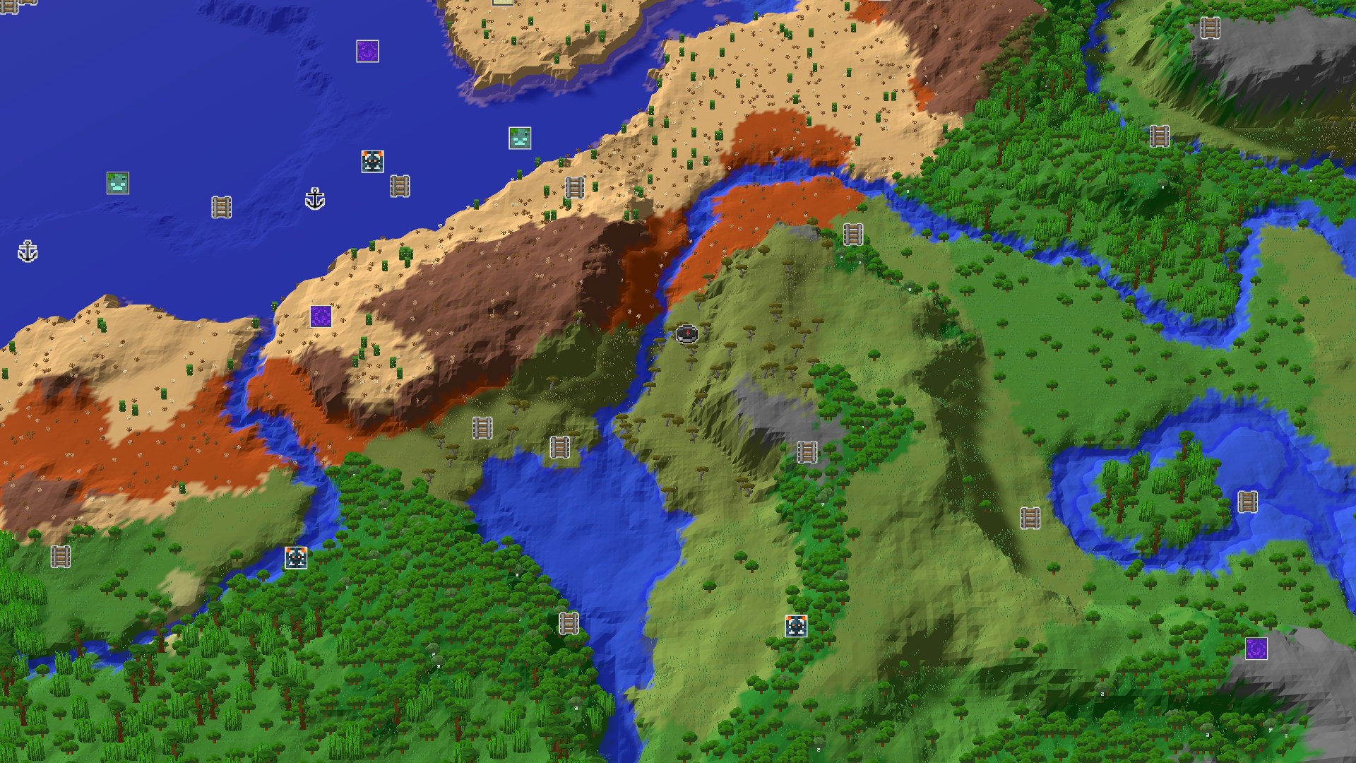 Aerial Minecraft seed map — Savanna Spawn with Quick Amethyst and Badlands Nearby
