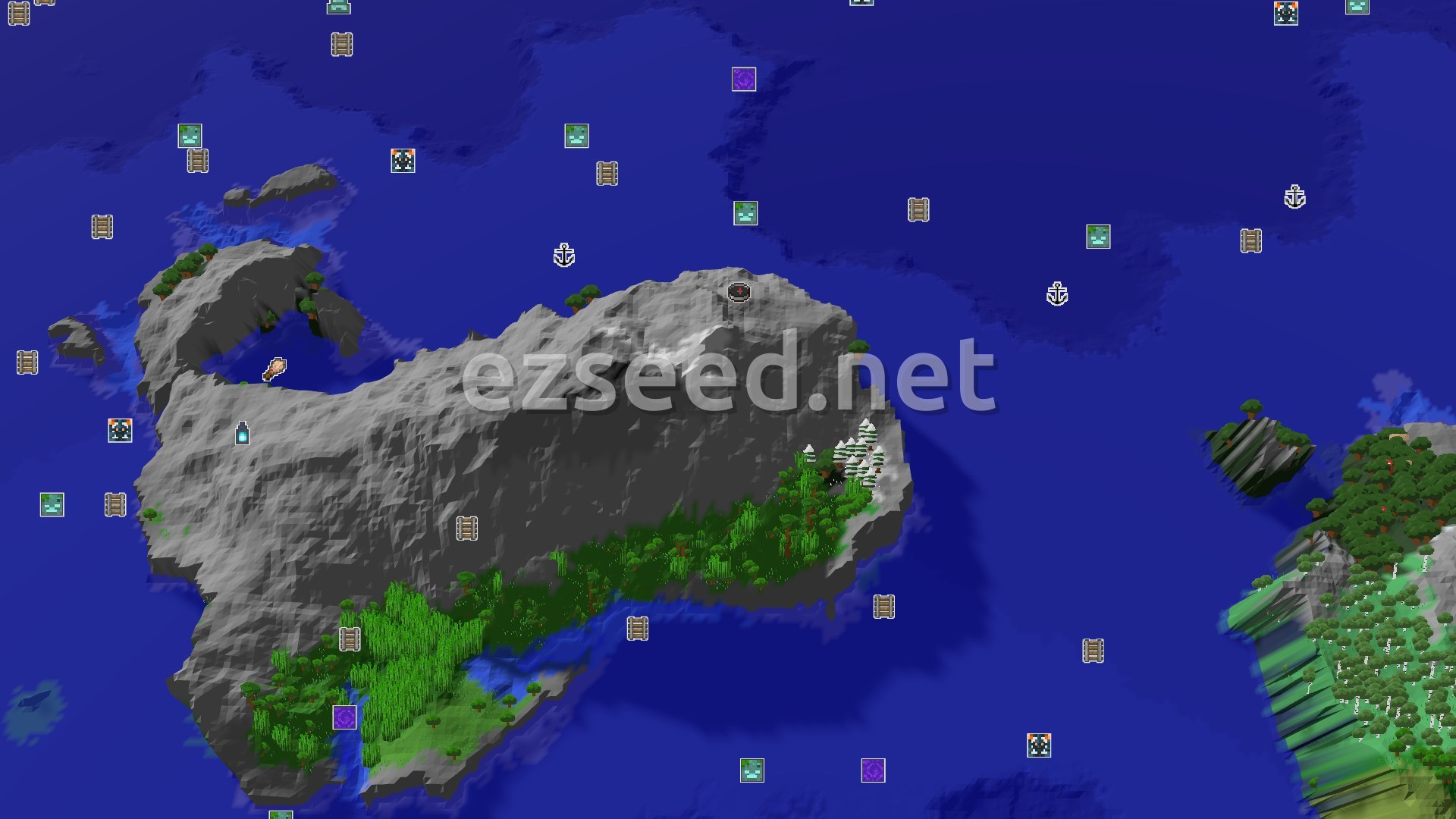 Aerial Minecraft seed map — Spawn atop Jagged Peaks with an Ancient City nearby