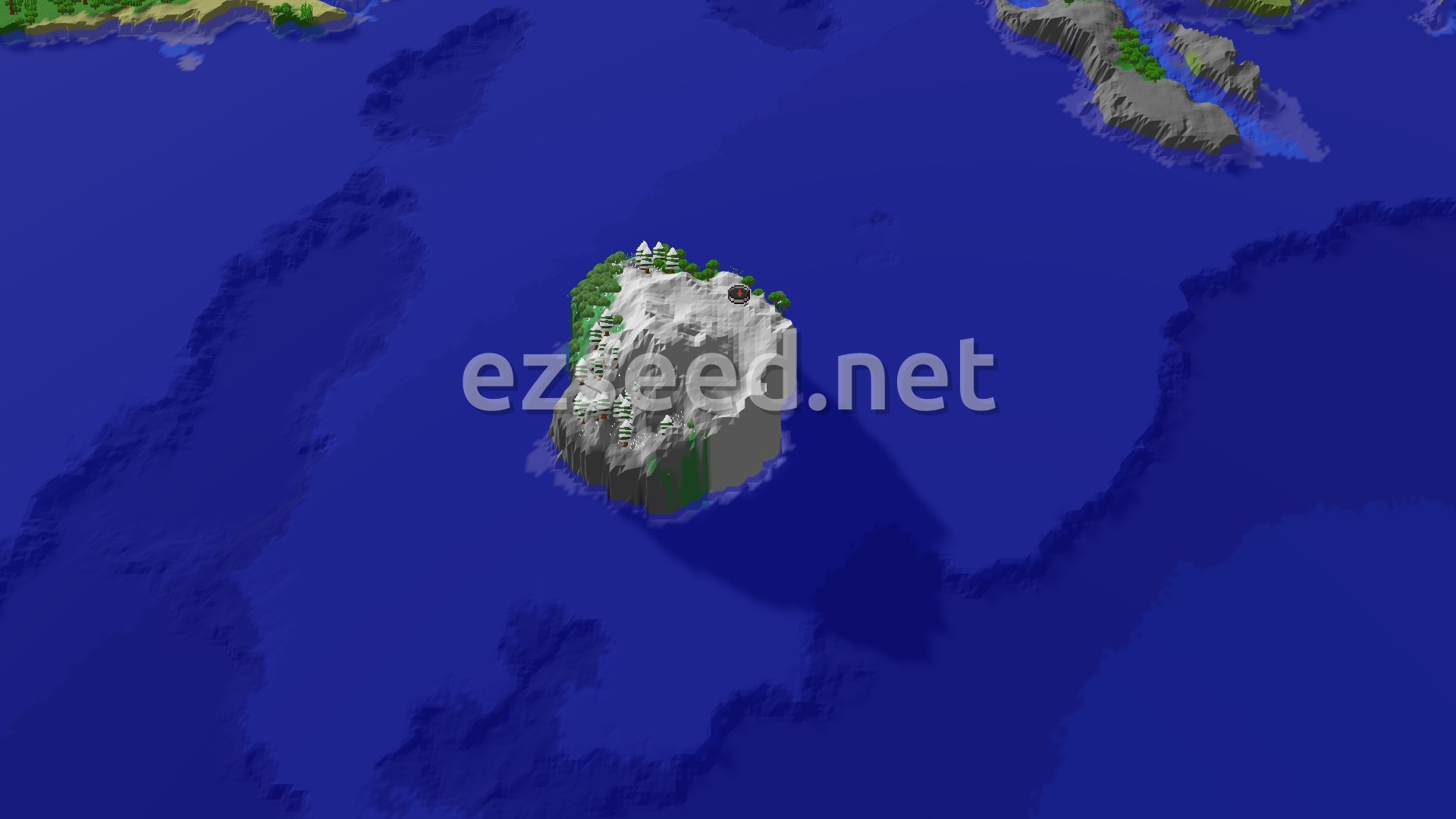 An aerial 3D view of a tall, snow-capped Jagged Peaks island with scattered trees, rising out of a vast blue ocean. A small spawn marker is visible near the peak. Distant landmasses with green and grey terrain can be seen at the top of the image.