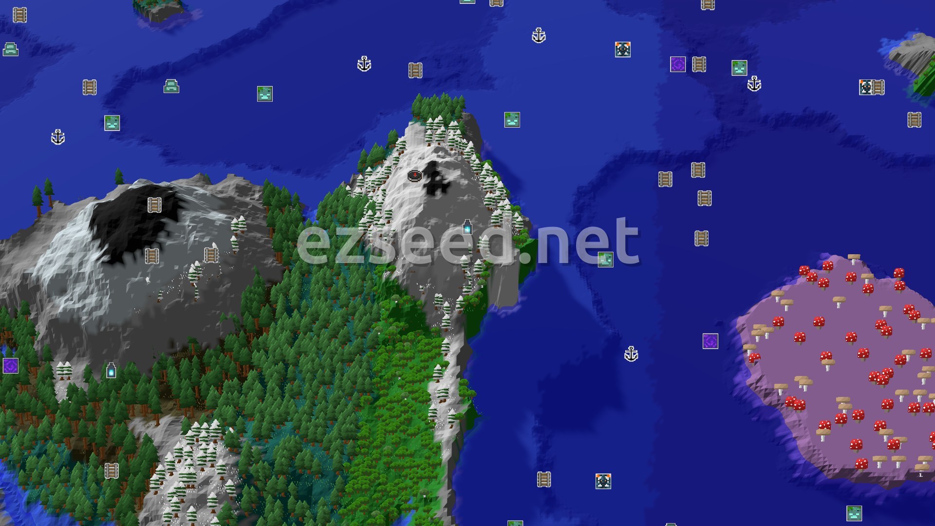 Aerial Minecraft seed map — Spawn in Peaks, Ancient City Just Below