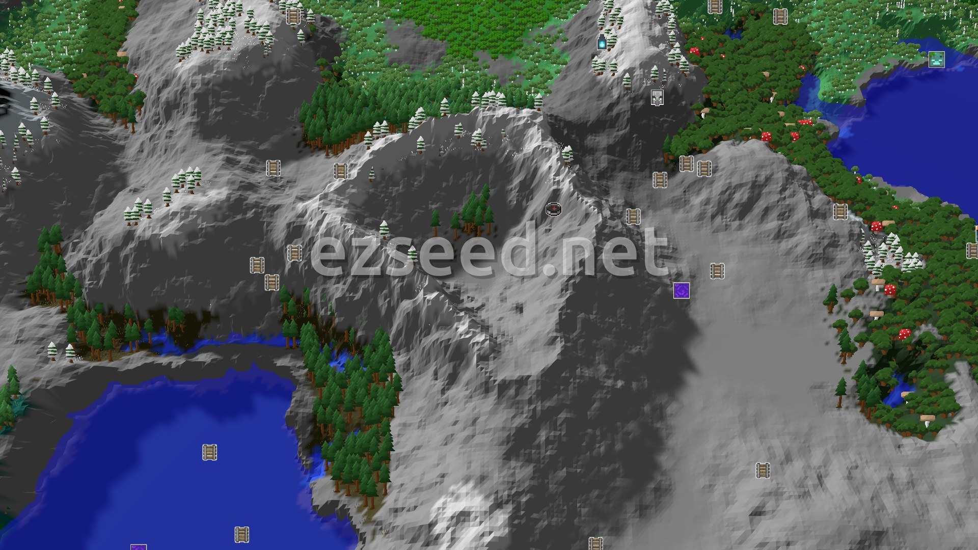 Aerial Minecraft seed map — A Mountainous Start With Quick Underground Access