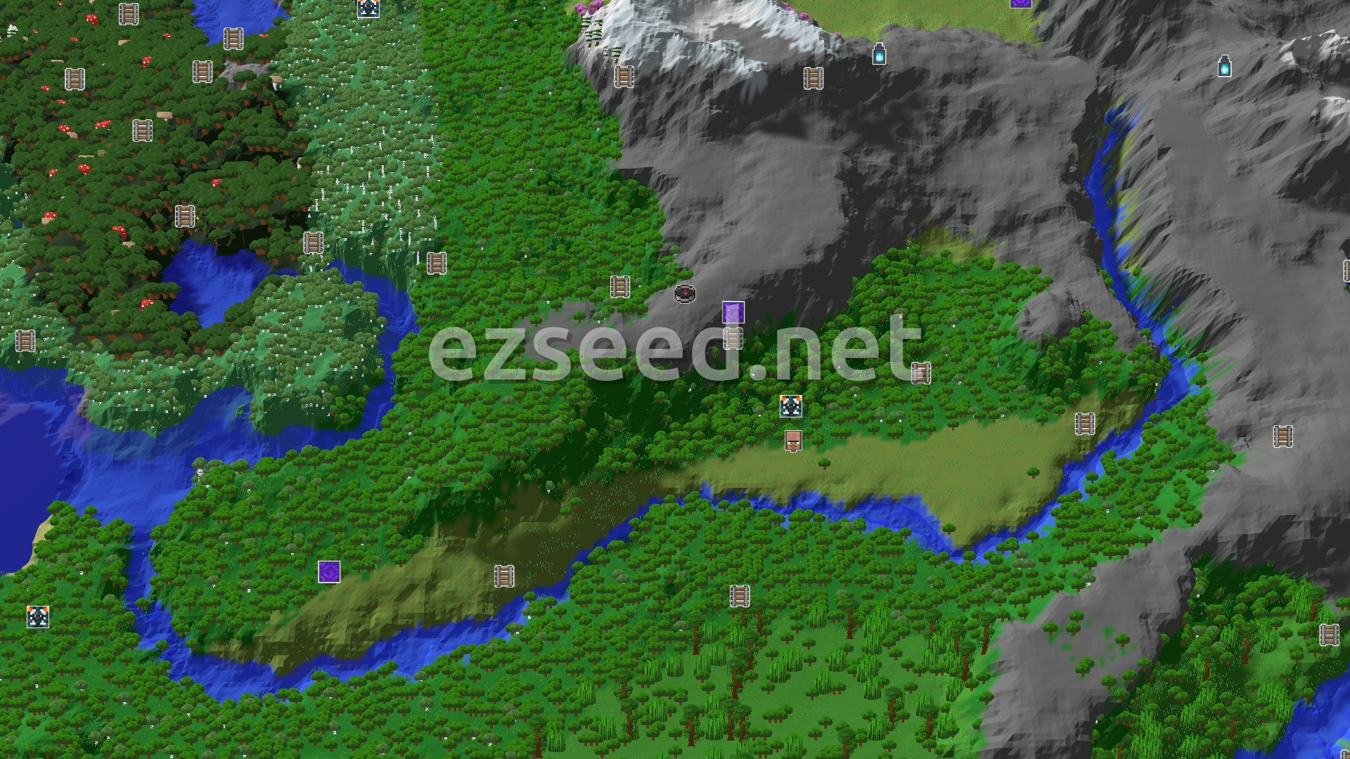 Aerial Minecraft seed map — A Mountainous Start with Nearby Structures