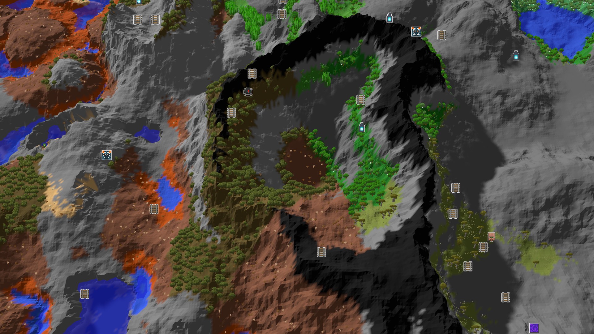 A 3D overhead view of a mountainous, arid landscape with patches of green trees and some small bodies of water. The terrain is varied with steep slopes and flatter areas.