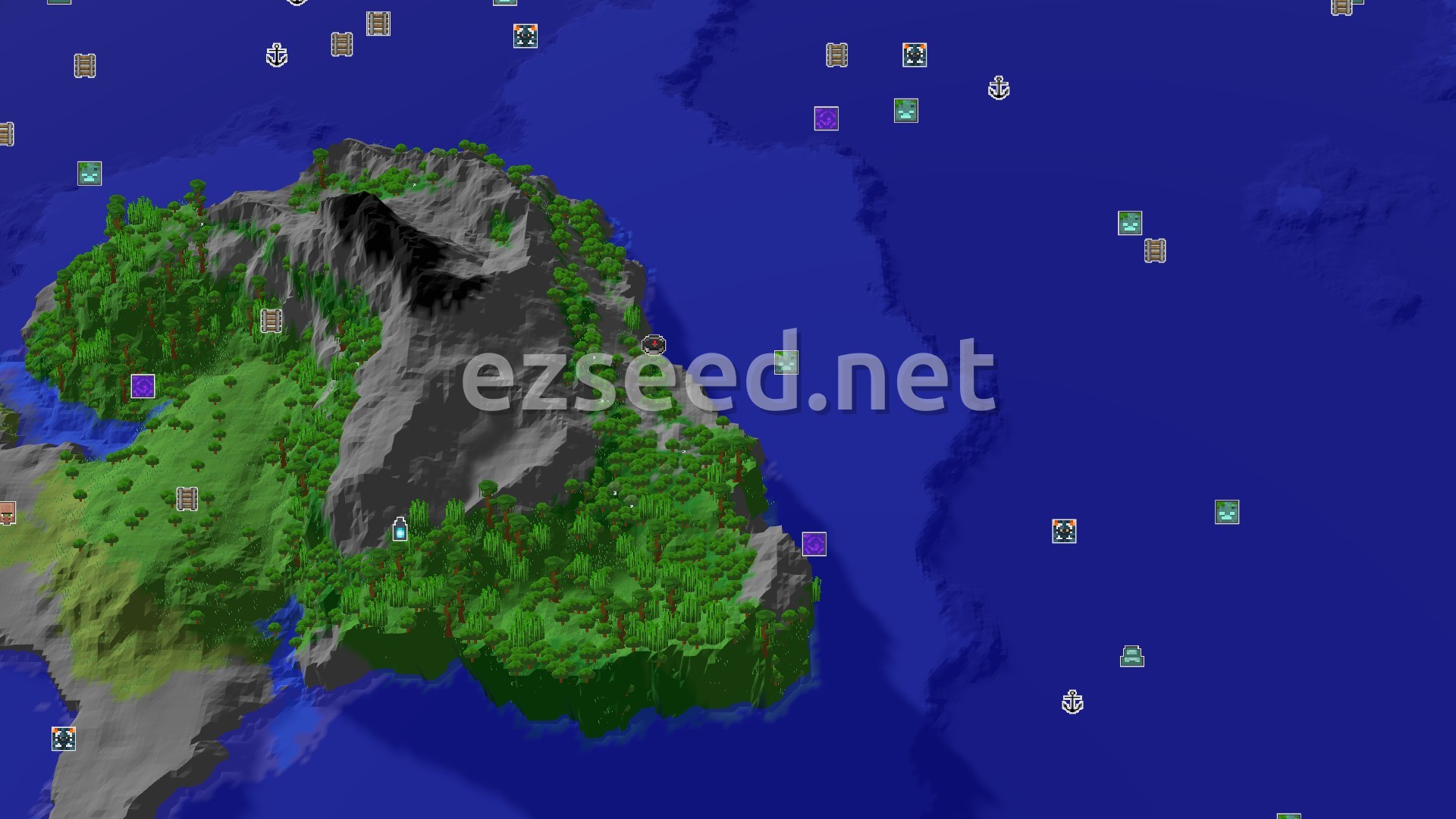 Aerial Minecraft seed map — Spawn Near a Stony Peaks Mountain and a Jungle