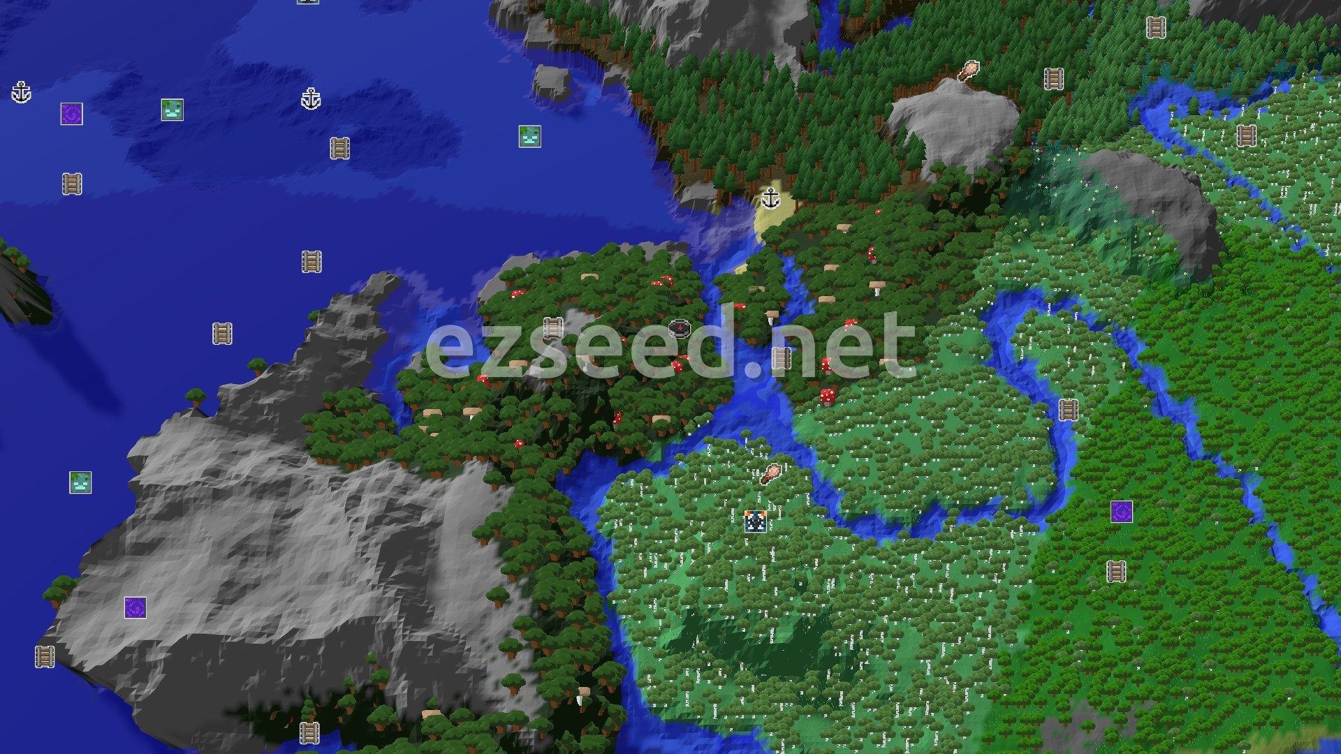 Aerial Minecraft seed map — Dark Forest Beginnings with Quick Underground Loot