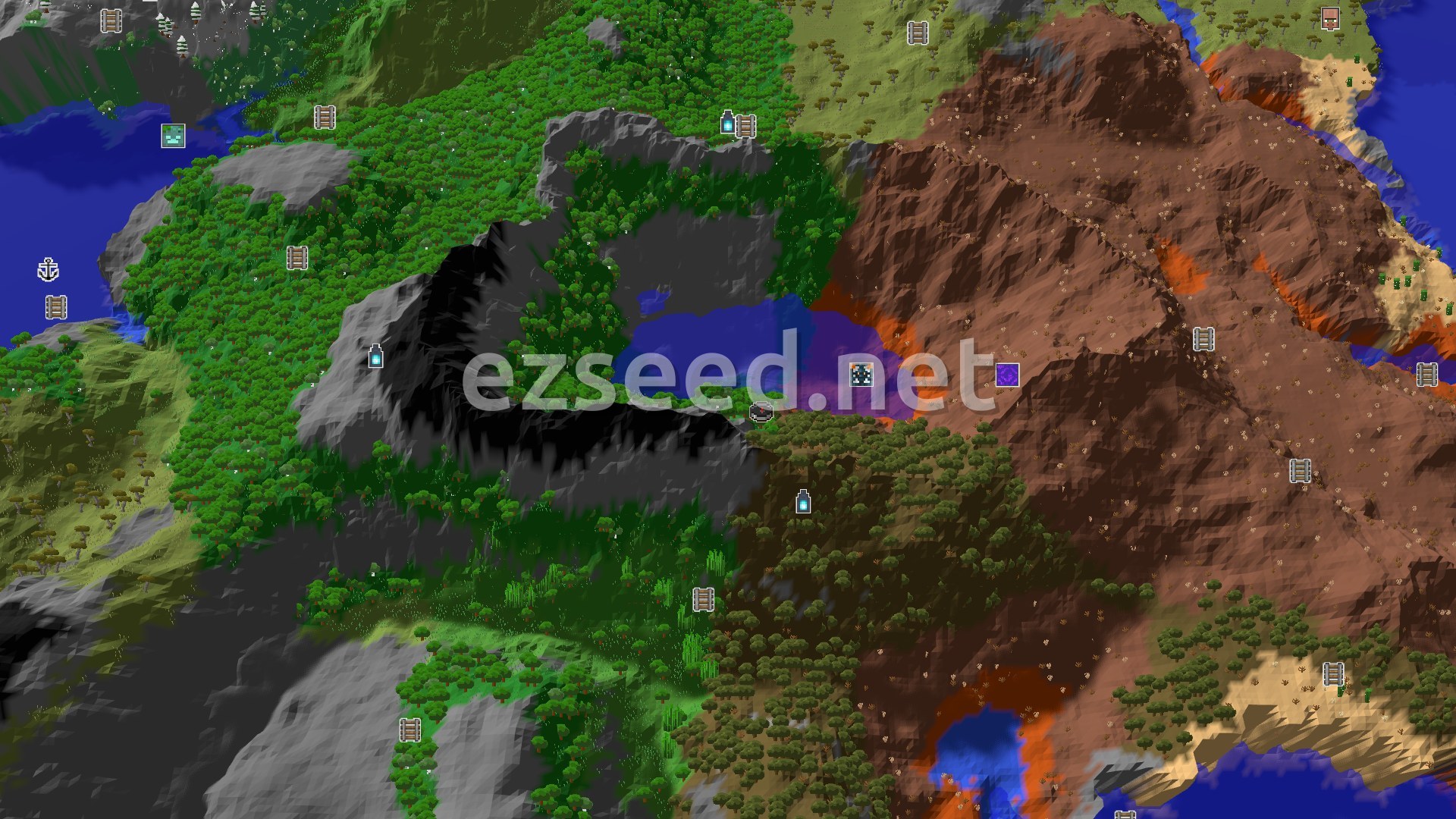 Aerial Minecraft seed map — A Badlands and Forest Spawn with Nearby Ancient City