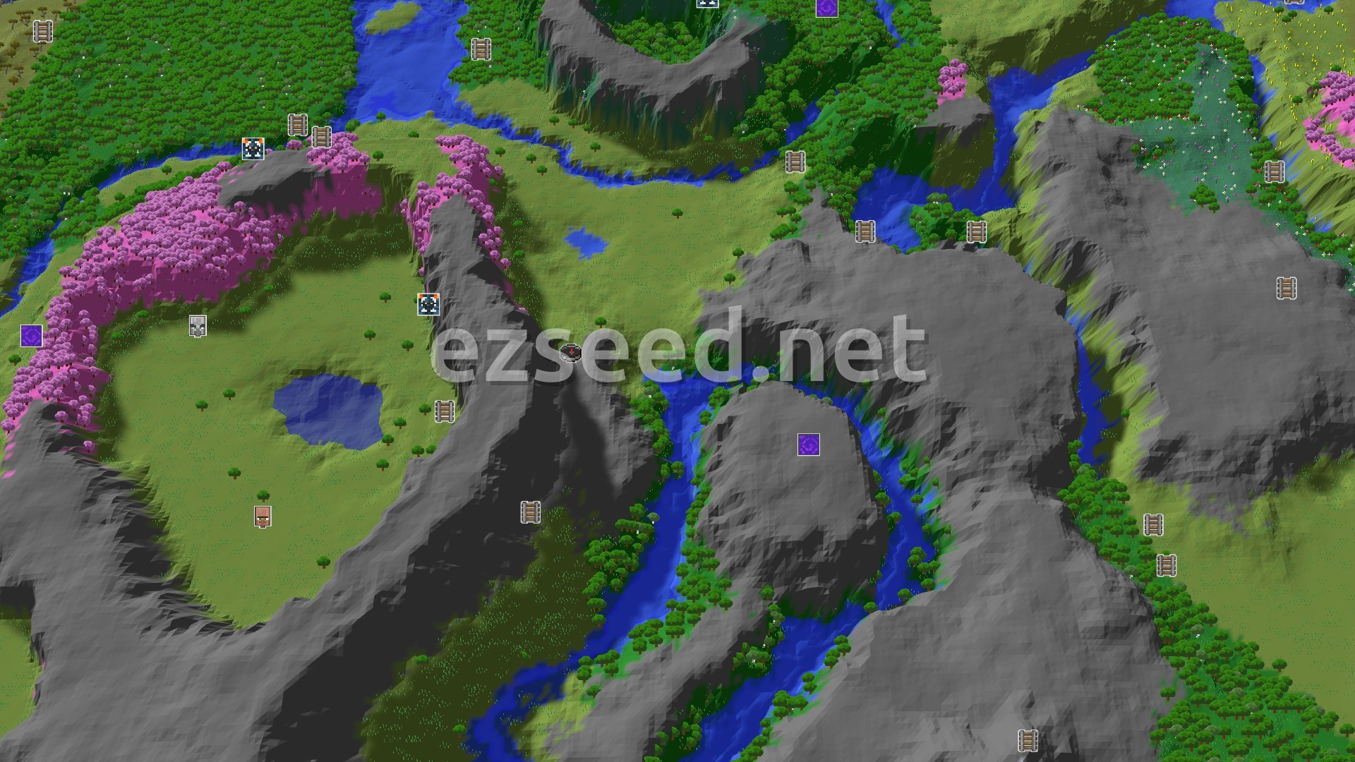 Aerial Minecraft seed map — Pristine Cherry Grove Hills and Nearby Trial Chambers